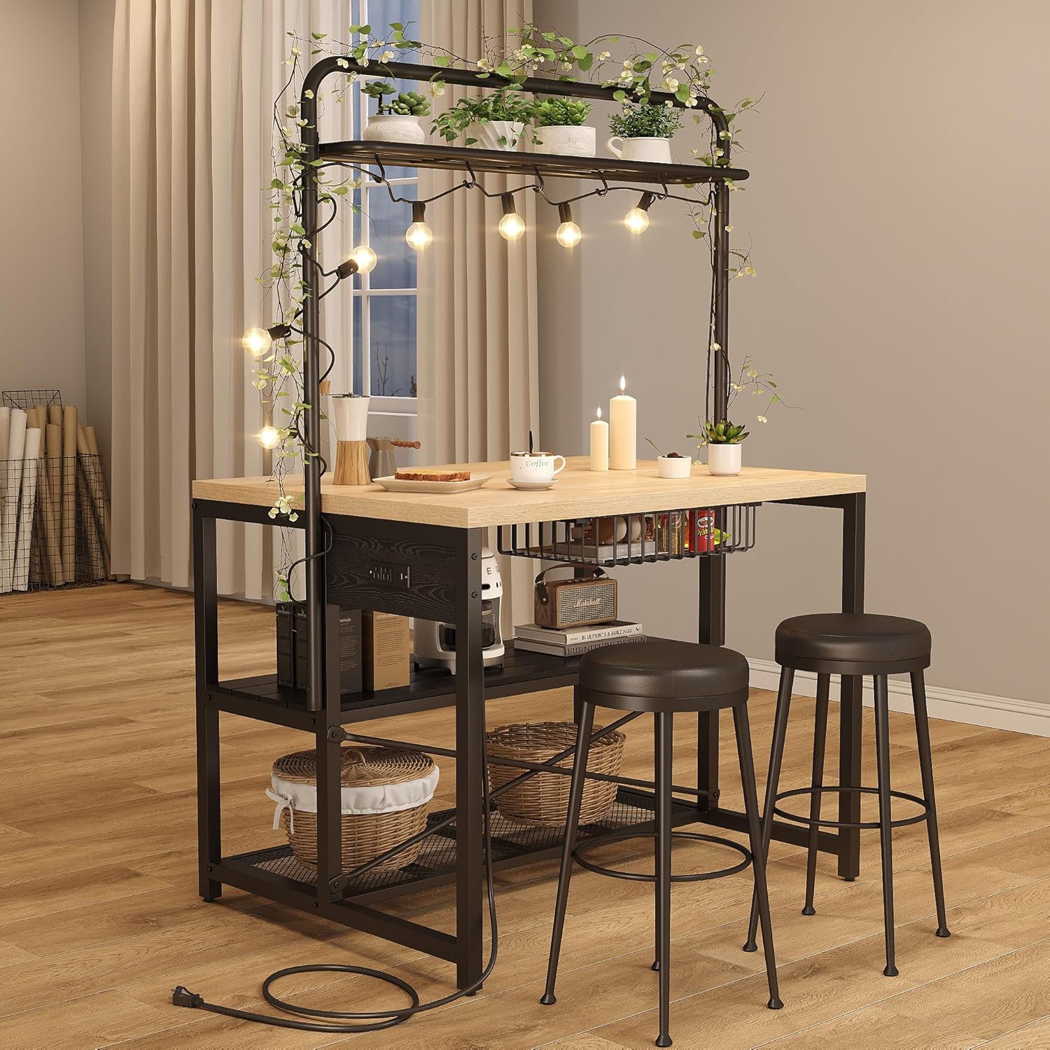 Kitchen Island, Kitchen Island with Storage, Bakers Rack, Island Table for Kitchen, Bakers Rack with Storage, Large Kitchen Island Table, Coffee Bar Table with Shelf,5 Racks,Pear Wood White