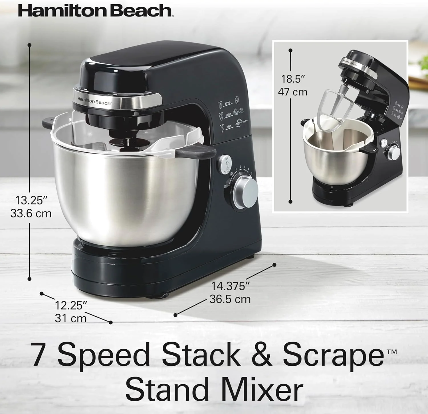 Hamilton Beach Electric Stand Mixer, 4 Quarts, Dough Hook, Flat Beater Attachments, Splash Guard 7 Speeds with Whisk, Black