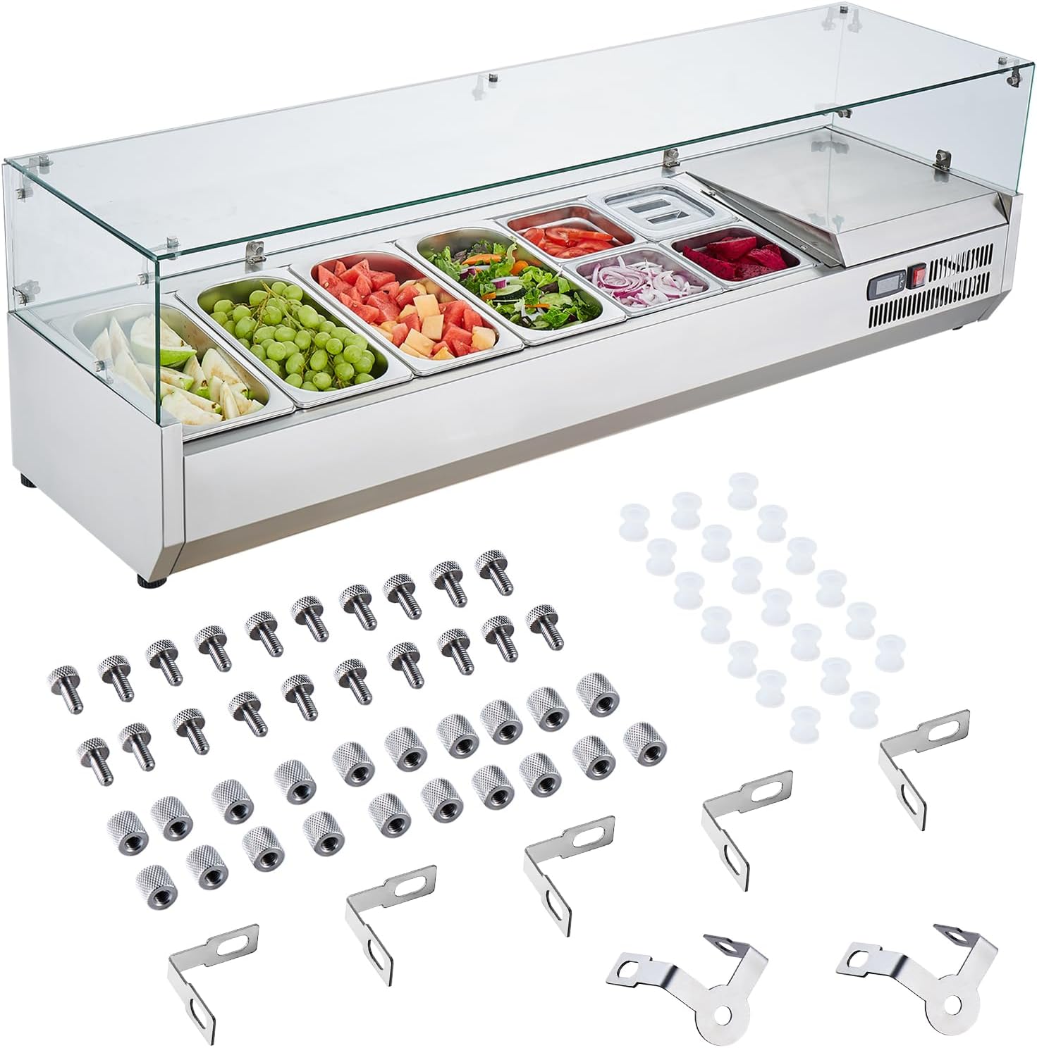 Refrigerated Condiment Prep Station, 135 W Countertop Refrigerated Condiment Station, with 2 1/3 Pans & 4 1/6 Pans, 304 Stainless Body and PC Lid, Sandwich Prep Table with Stainless Guard, ETL