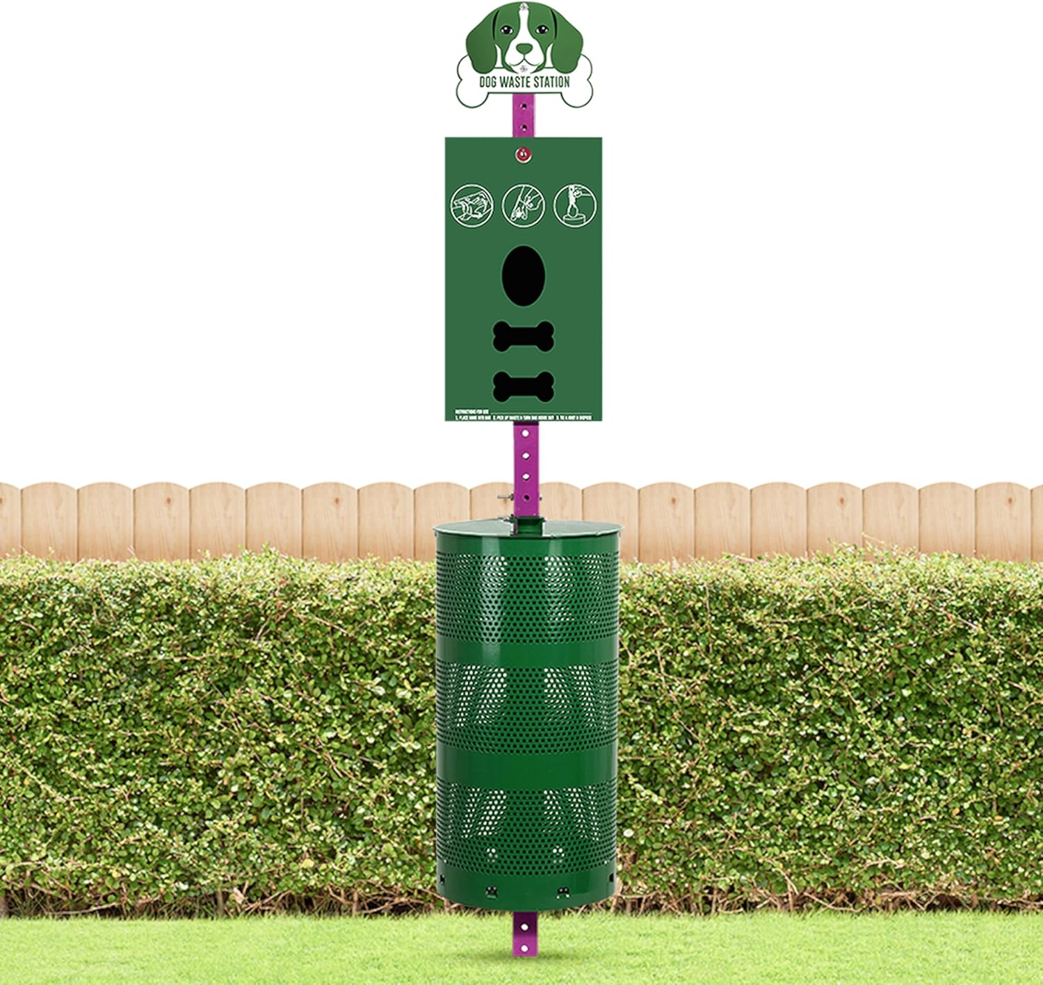 Outdoor version of dog feces collection station - Pet feces collection station with feces bag dispensers - Dog-shaped sign - Large trash can 400 rolls, 200 ziplock bags and 50 reusable bags - Outdoor pet feces collection system