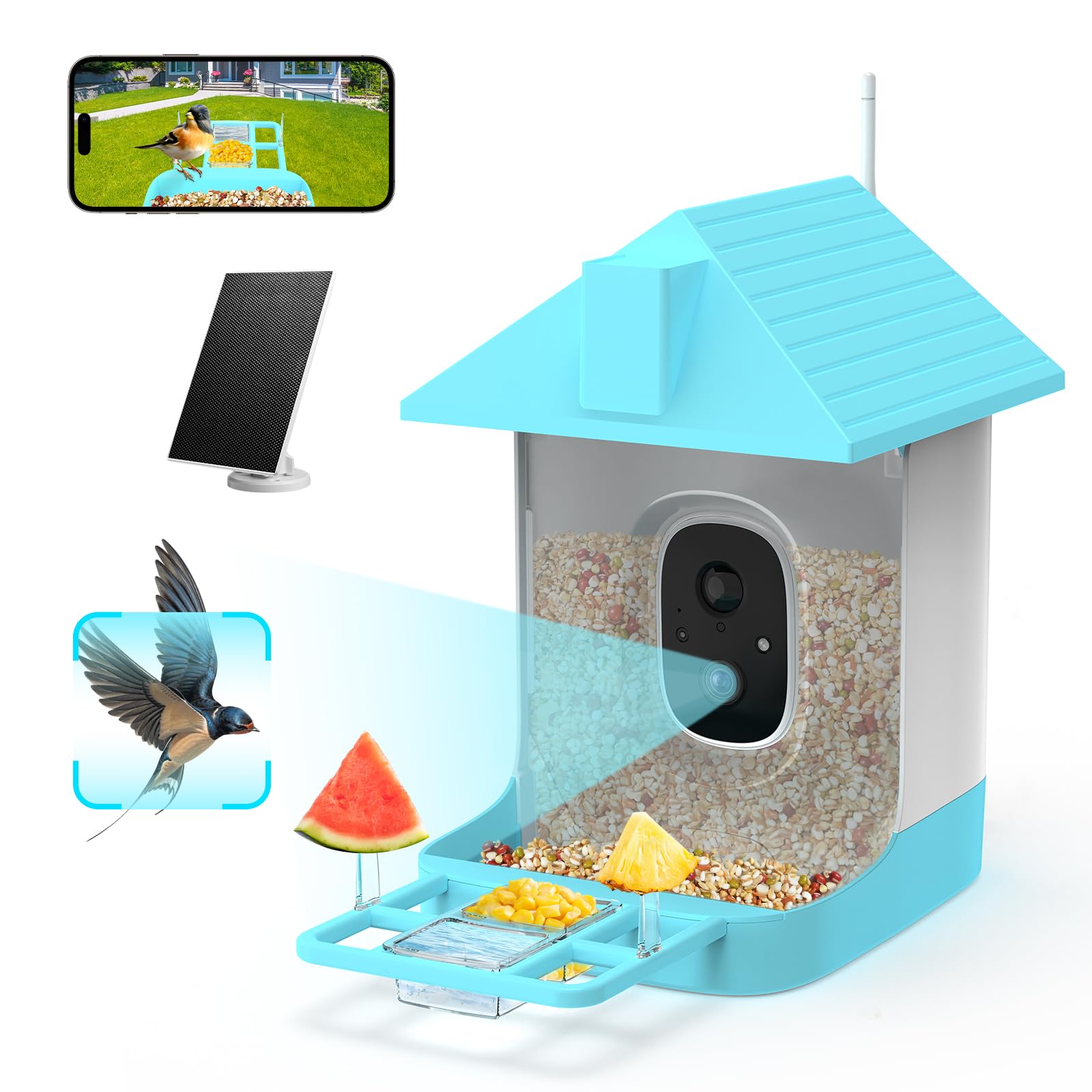 Smart Bird Feeder with Camera, 5200mAh Battery with Solar Panel