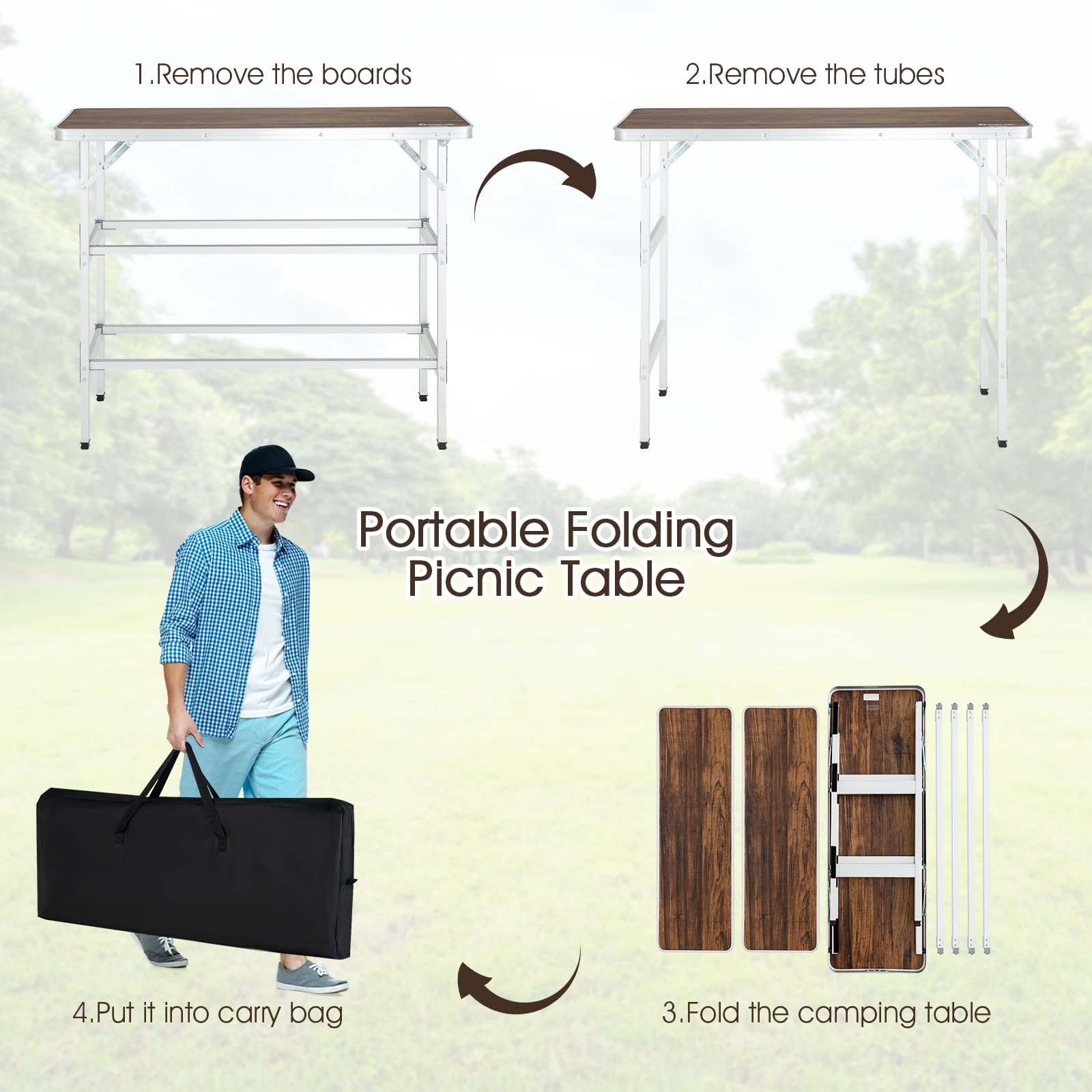 2025 Goplus Folding Camping Table, Aluminum Portable Pop-Up Bar Table with 2-Tier Storage Shelves