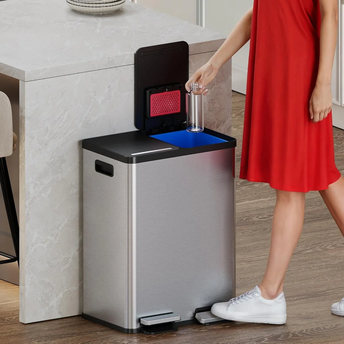 iTouchless 16 Gal SoftStep Stainless Steel Combo Trash & Recycle Bin