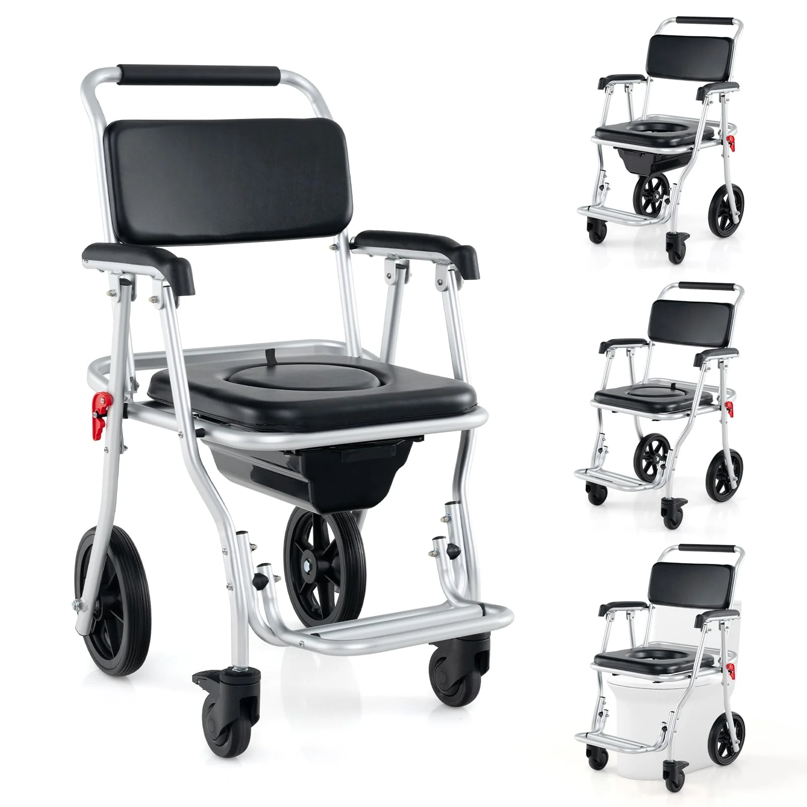 4 in 1 Shower Commode Wheelchair, 330lbs Foldable Bedside Commode Chair for Toilet with Arms