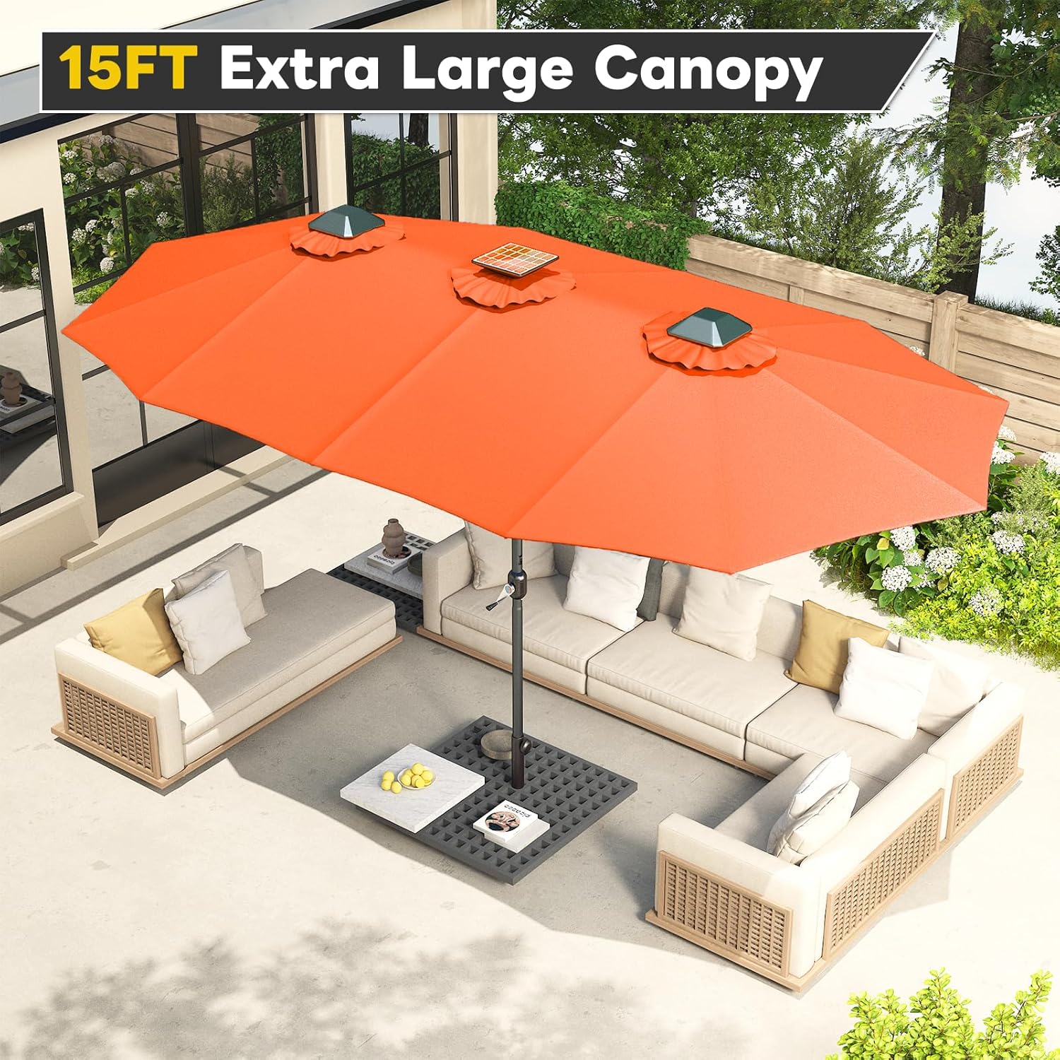 15ft Patio Umbrella with Solar Lights, Large Double Umbrella Outdoor, Rectangle 180''x106'' Umbrellas with 156 PCS LED Lights and Crank Handle for Backyard Deck Pool Shade in Black(1.9