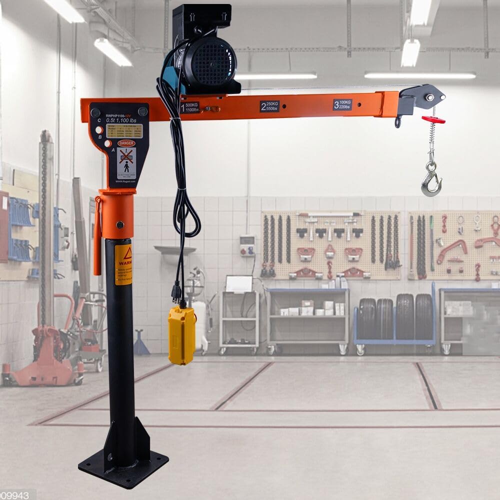 1100lb Folding Dismountable Household Hoist Truck Crane with Electric Hoist (110V) – 880lb Pulling Force, Jib Cranes for Factory, Warehouse, Construction