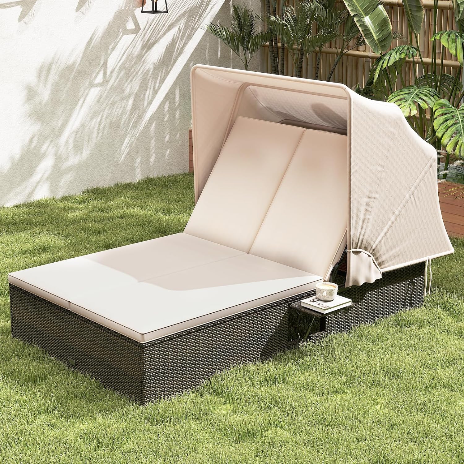 RELAX4LIFE Outdoor Daybed with Retractable Canopy - Wicker Double Chaise Lounge w/6-Position Backrest, 2 Folding Side Trays & Cushions, 2-Seater Loveseat Sunbed for Backyard, Rattan Patio Bed Lounger