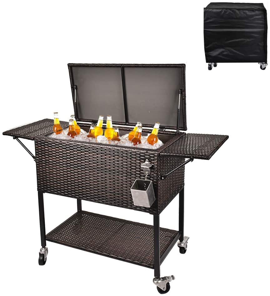 2025 80 Quart Rattan Rolling Cooler Cart, Portable Wicker Cooler Trolley, Backyard Party Drink Beverage Bar