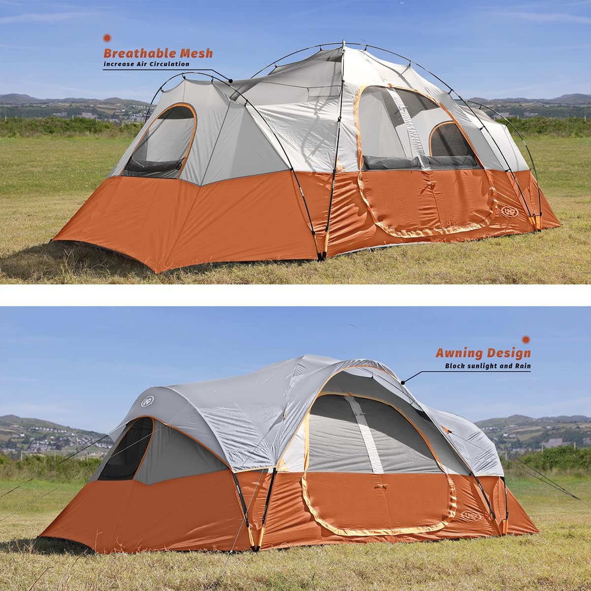 Camping Tent 10-Person-Family Tents, Parties, Music Festival Tent, Big, Easy Up, 5 Large Mesh Windows, Double Layer, 2 Room, Waterproof, Weather Resistant, 18ft x 9ft x78in