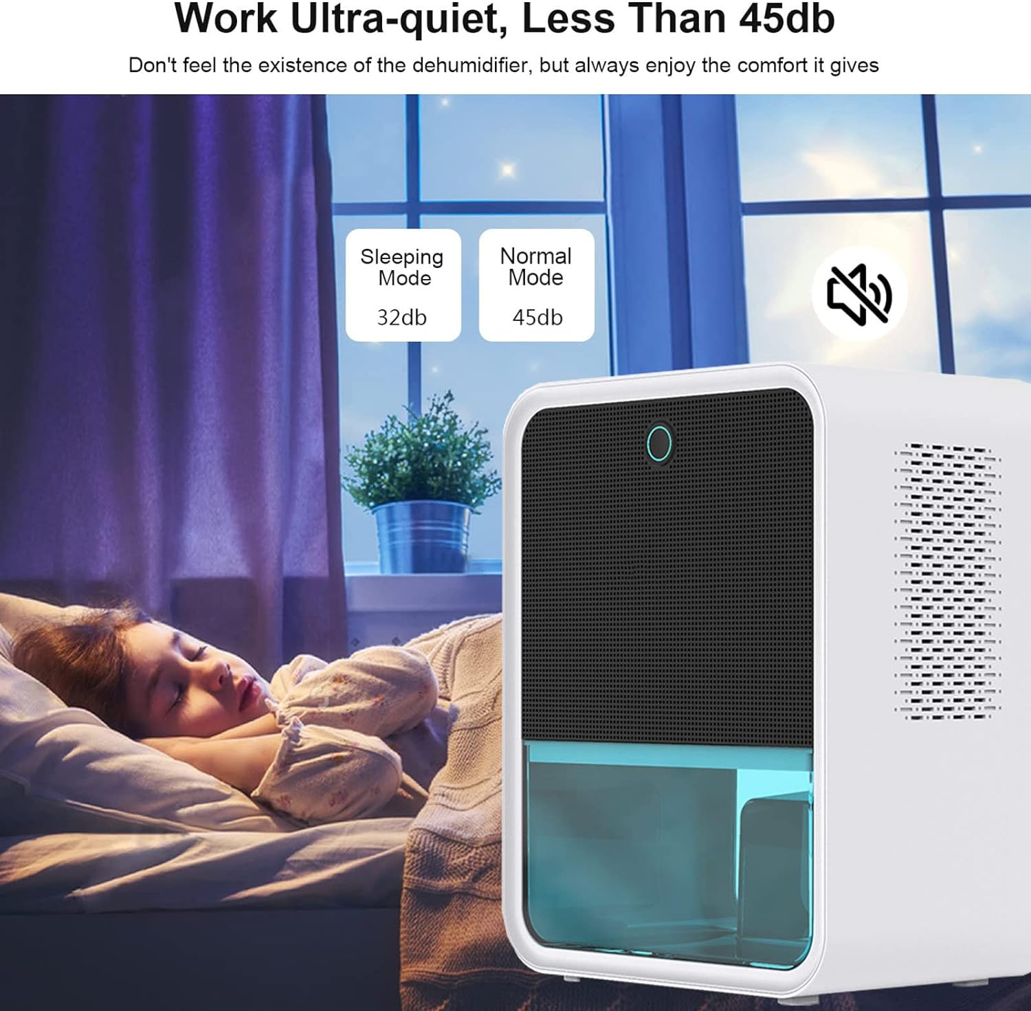 Bedroom Dehumidifier 2.2L Water Tank with Hygrometer RGB LED Light