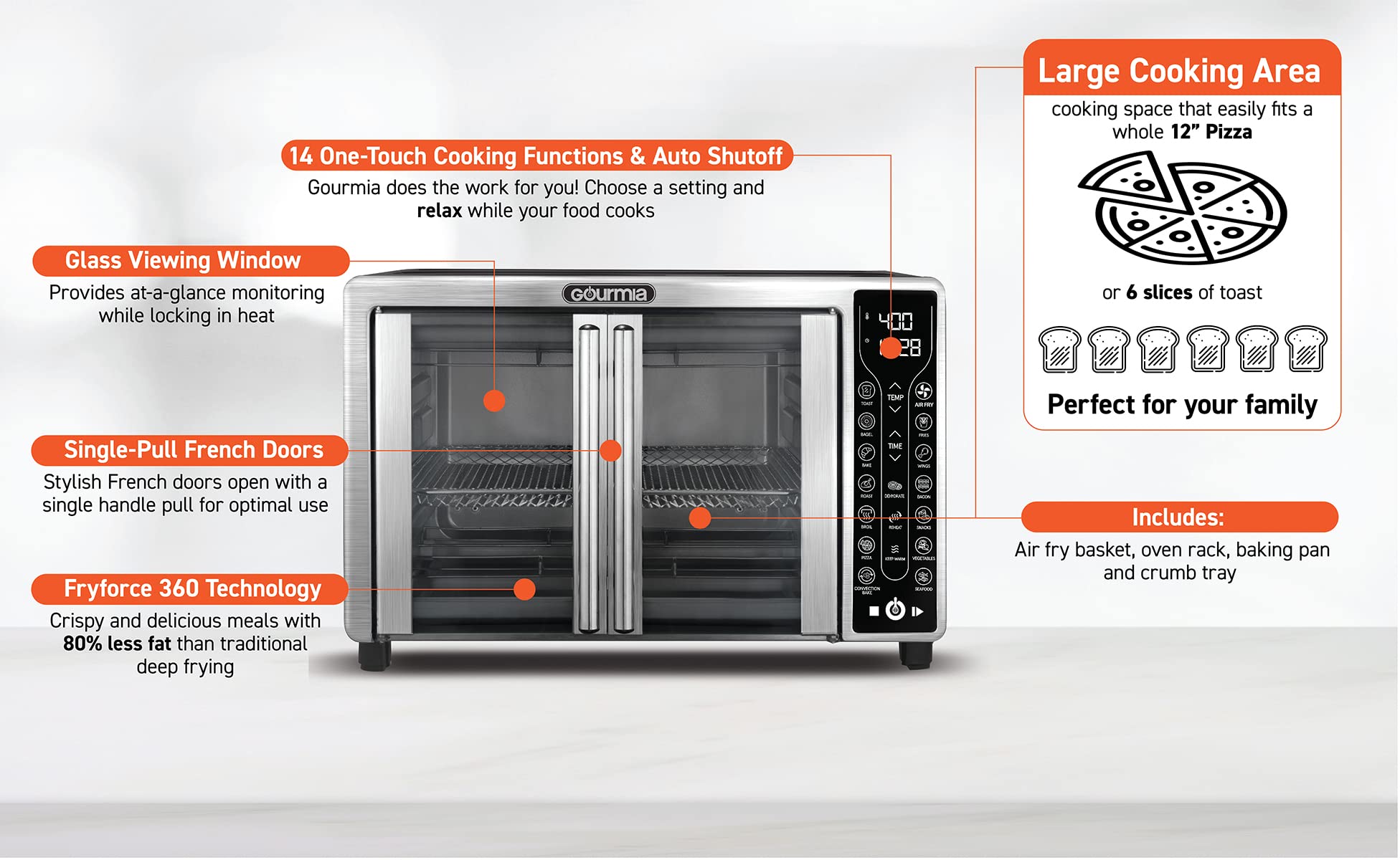 Gourmia Toaster Oven Air Fryer Combo 17 Cooking Presets