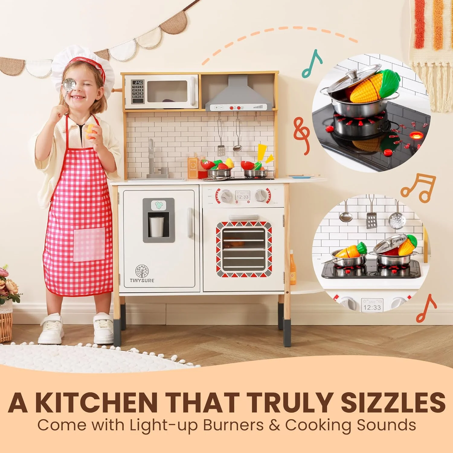 2025 Play Kitchen for Kids - Toy Kitchen Set for Toddlers with Realistic Lights and Sounds, Kids Kitchen Playset with Abundant Toy Food Set