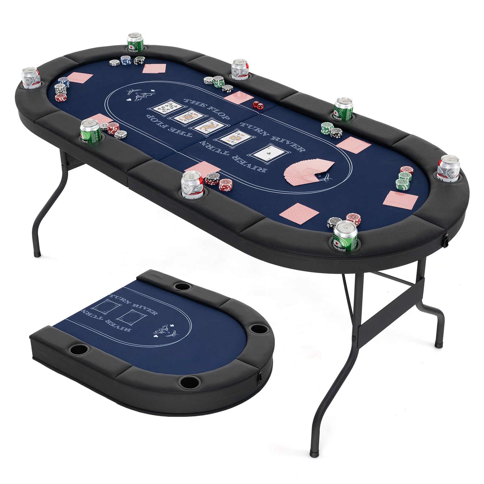 72” Poker Table Foldable, 8 Players Card Board Game Table w/Deep Metal Cup Holders