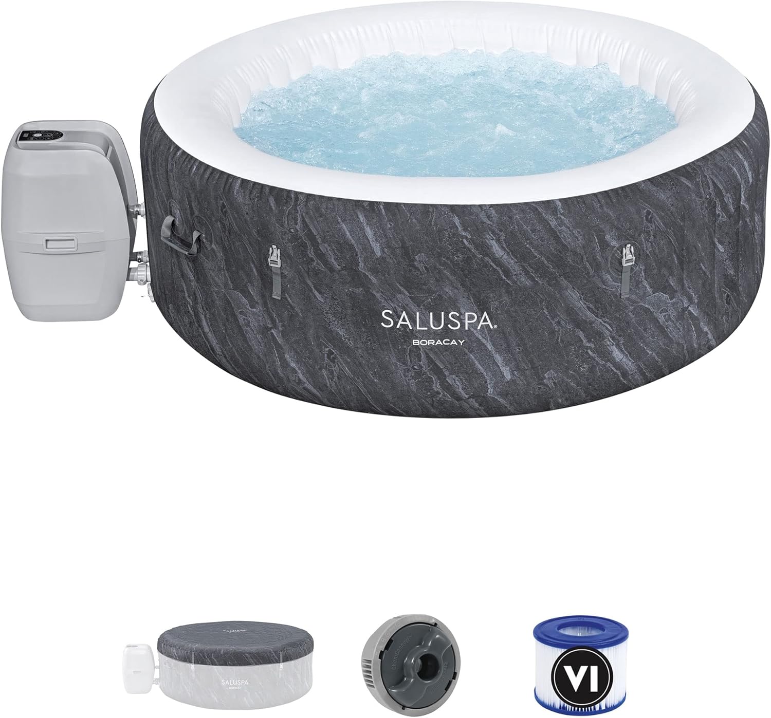 Large Round 2 to 4 Person Inflatable Hot Tub Portable Outdoor Spa with 120 AirJets and EnergySense Cover. Grey