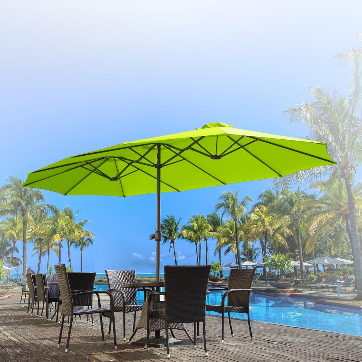 15ft Patio Umbrella with Solar Lights, Large Double Umbrella Outdoor, Rectangle 180''x106'' Umbrellas with 156 PCS LED Lights and Crank Handle for Backyard Deck Pool Shade in Black(1.9