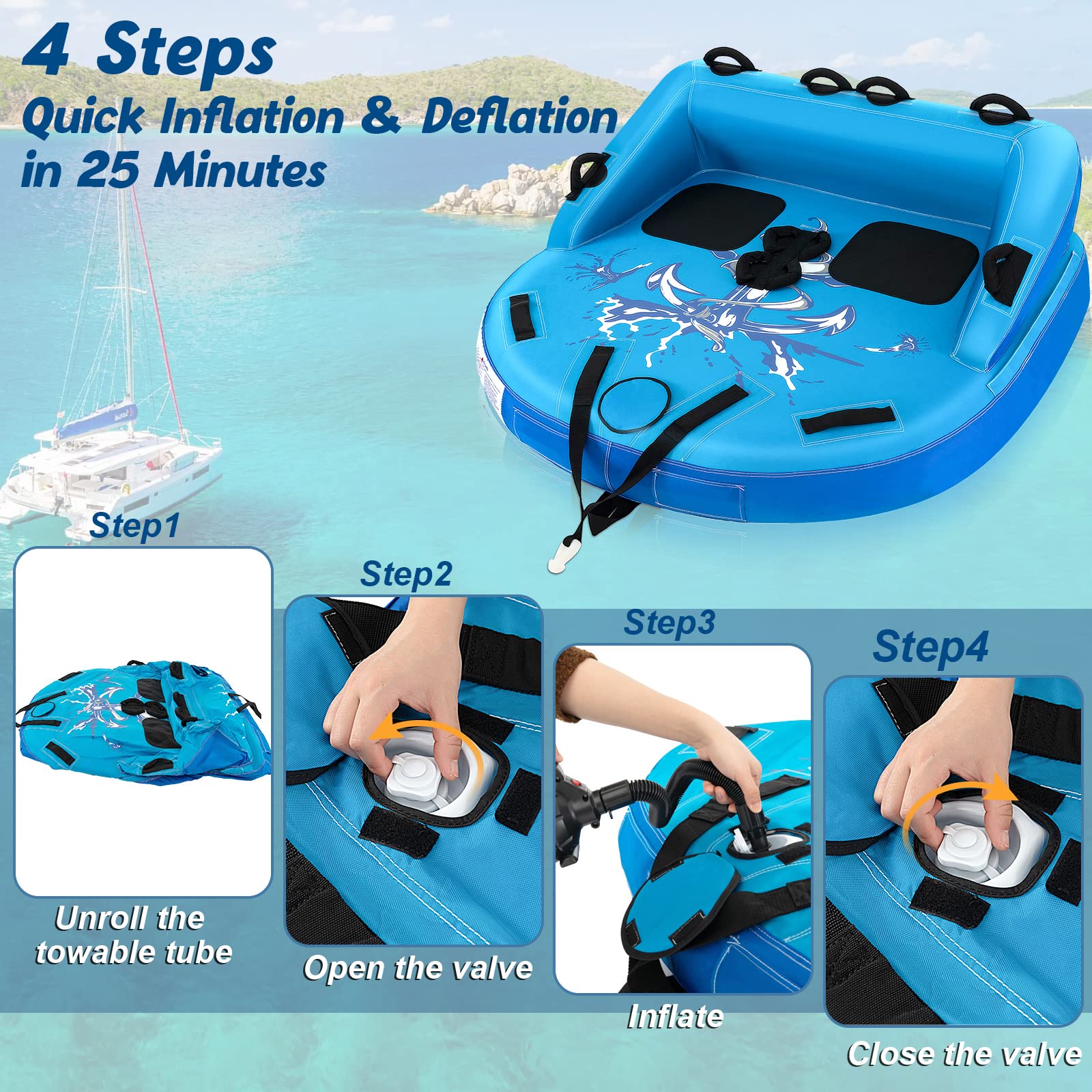 Inflatable Towable Tubes for Boating, 1-2 Person Water Sport Towables for Boat to Pull, Sofa Style Boat Tube with Drainage