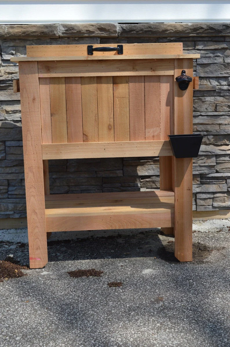 2025 All Weather 48 Quart Antiqued Cedar Cooler Stand with Brass Drain, Bottle Opener and Cap Catcher, Beer Cooler.