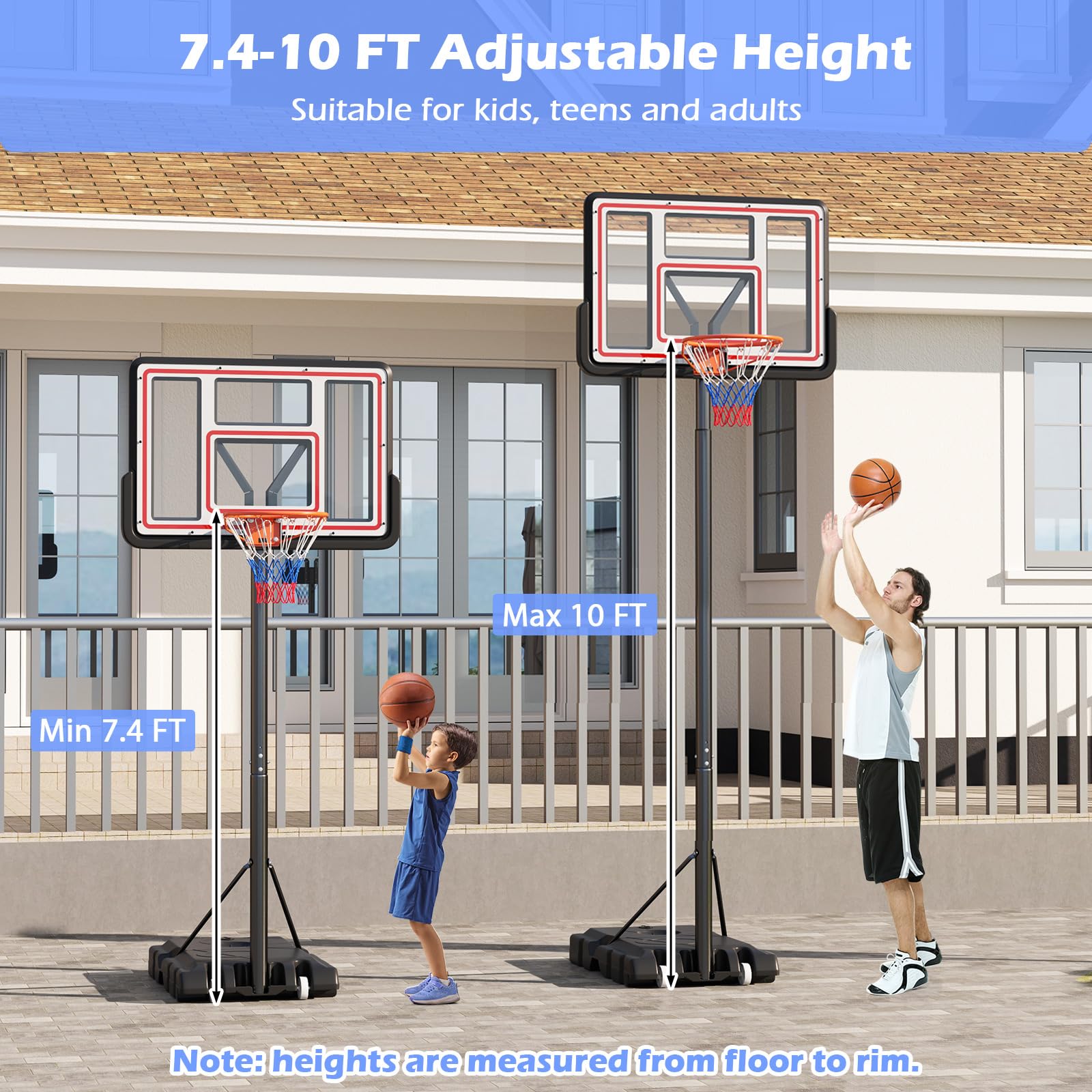 Basketball Hoop Outdoor, 7.4-10FT Quickly Height Adjustable Basketball Goal with 44 Inch Shatterproof PC Backboard