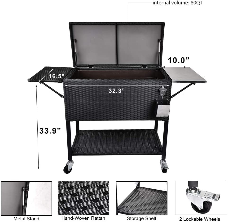 2025 80 Quart Rattan Rolling Cooler Cart, Portable Wicker Cooler Trolley, Backyard Party Drink Beverage Bar