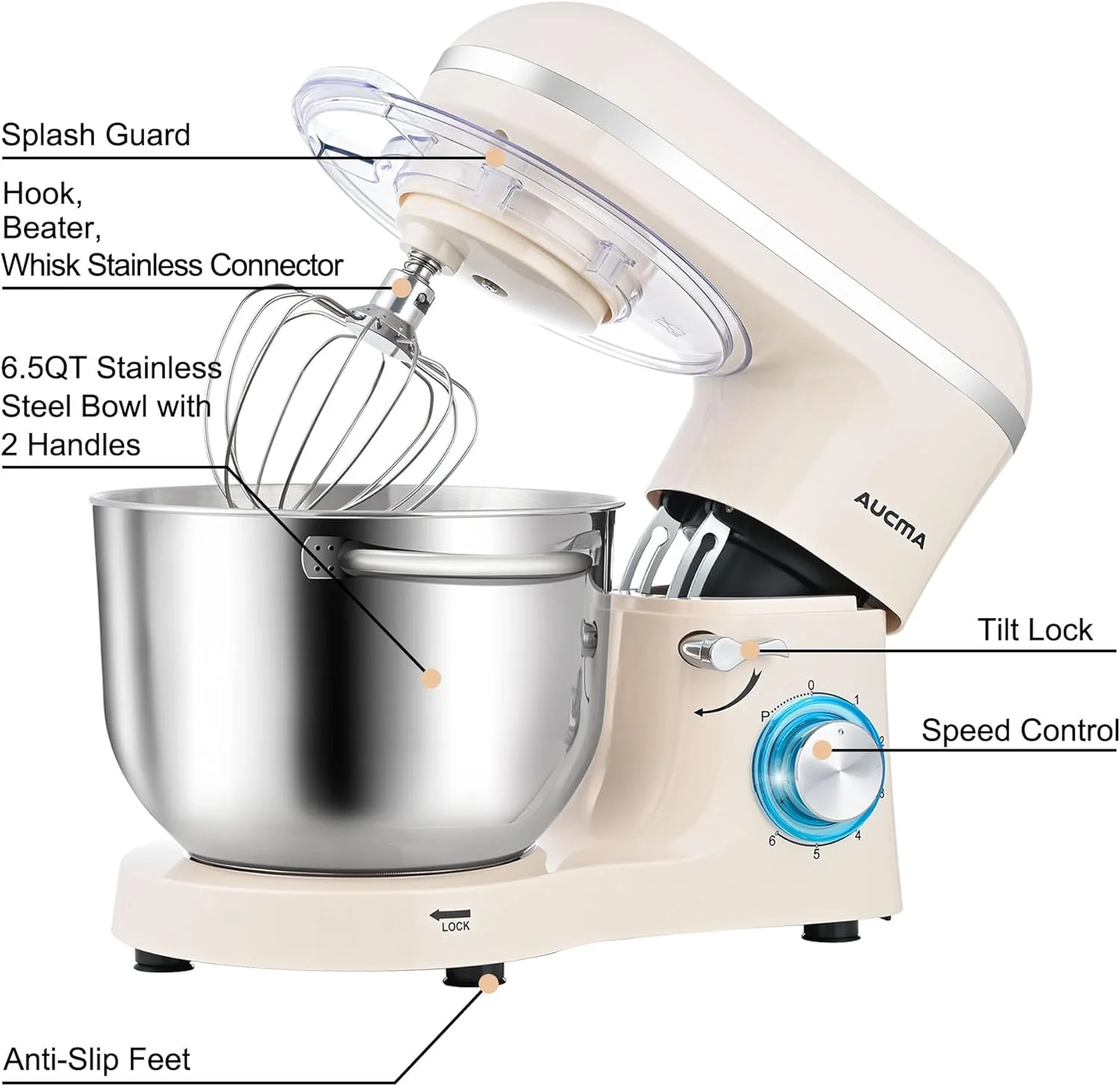 Aucma Stand Mixer,6.5-QT 660W 6-Speed Tilt-Head Food Mixer, Kitchen Electric Mixer with Dough Hook