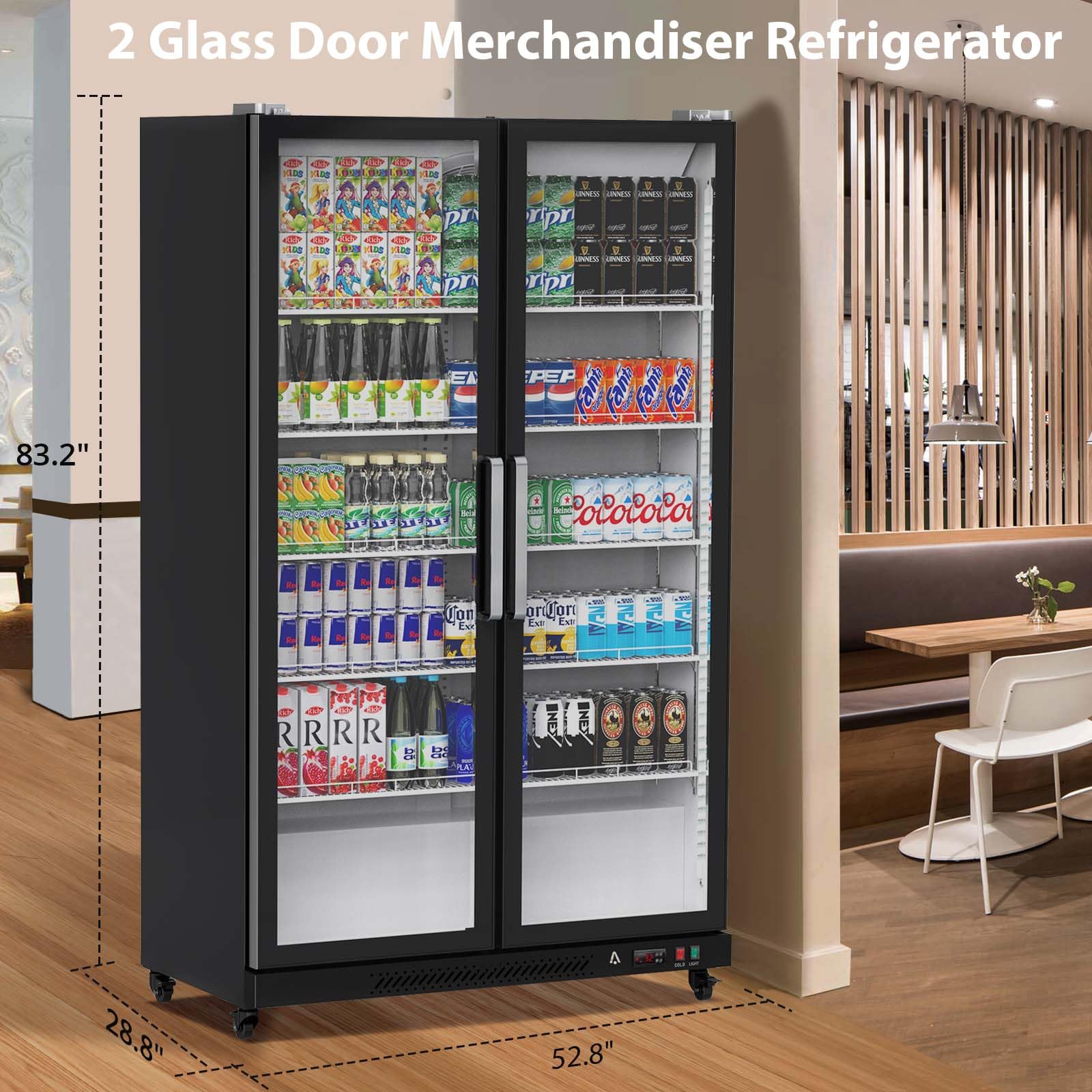Commercial Refrigerator, Glass Door with LED Lighting – Upright Beverage Display Cooler for Home, Store, Gym, or Office, Featuring Double Swing Doors and 39 cu.ft