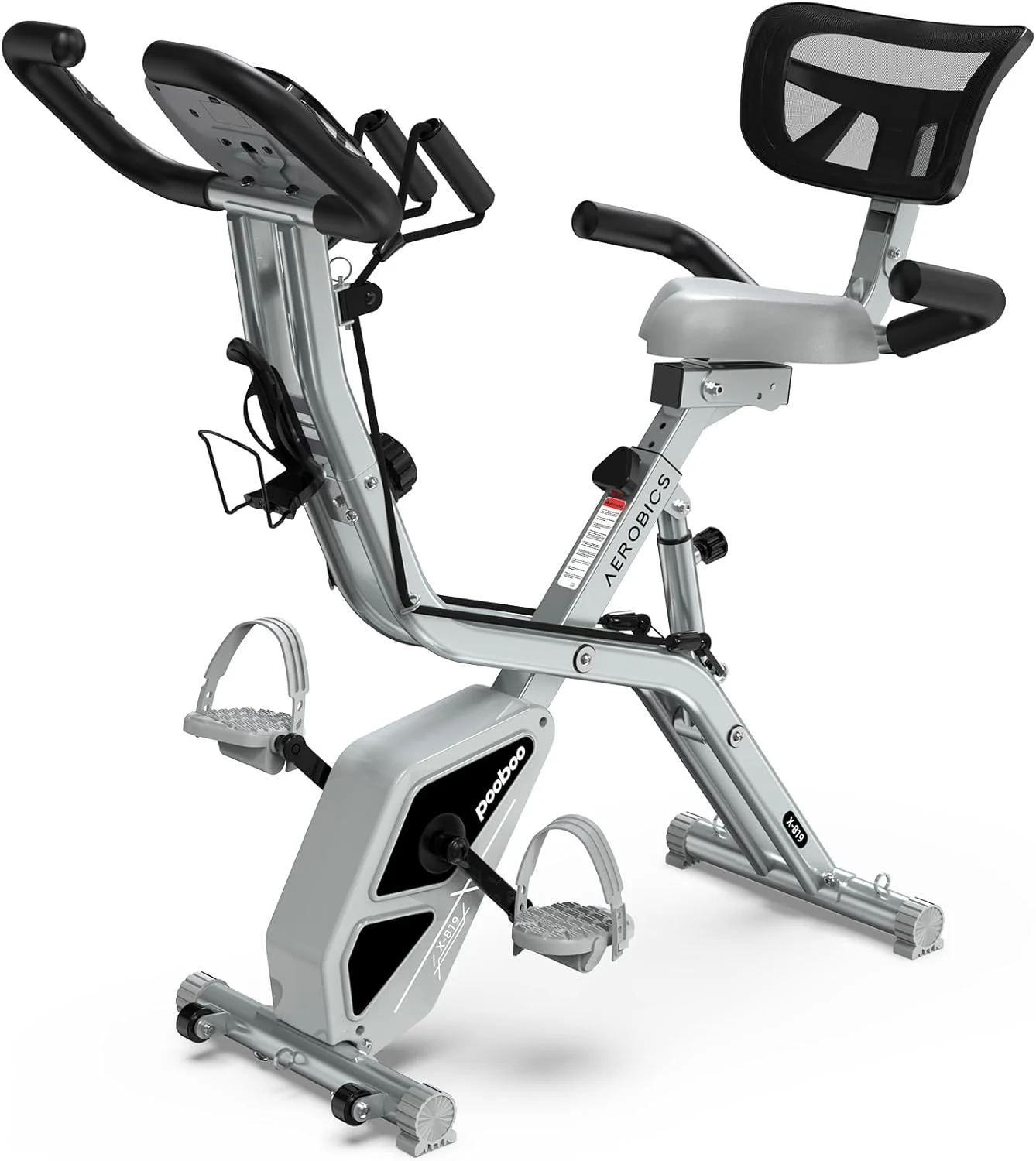 pooboo Folding Exercise Bike, Foldable Fitness Stationary Bike Machine, Upright Indoor Cycling Bike, Magnetic X-Bike with 8-Level Adjustable Resistance, Bottle Holder & Back Support Cushion for Home Gym Workout