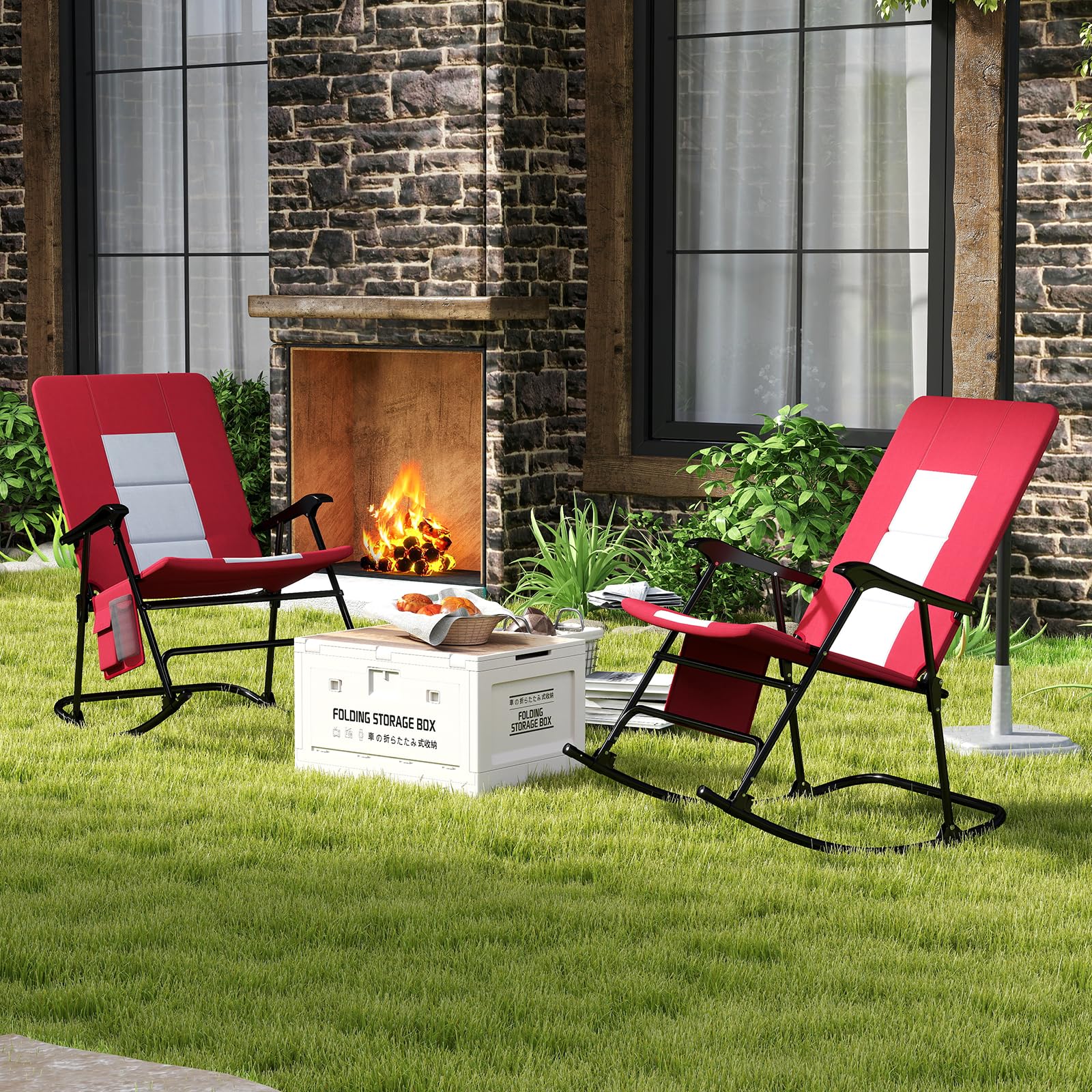 2025 Oversized Folding Rocking Chair, Padded Patio Lounge Rocker w/Metal Frame, Armrests, Side Pocket