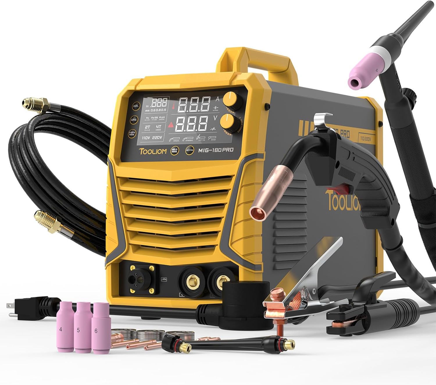 Aluminum alloy MIG welding machine, with pulse function, output power 250A, voltage 110V/220V, supports dual voltage mode, a multi-functional welding machine integrating 4 functions, can use with or without gas flux, MIG, elevated TIG, and manual arc