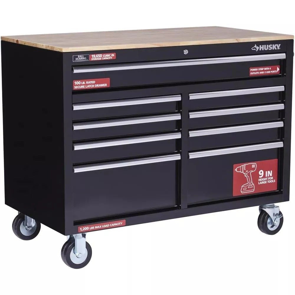 2025 46 in. W x 24 in. D 9-Drawer Gloss Black Deep Tool Chest Mobile Workbench