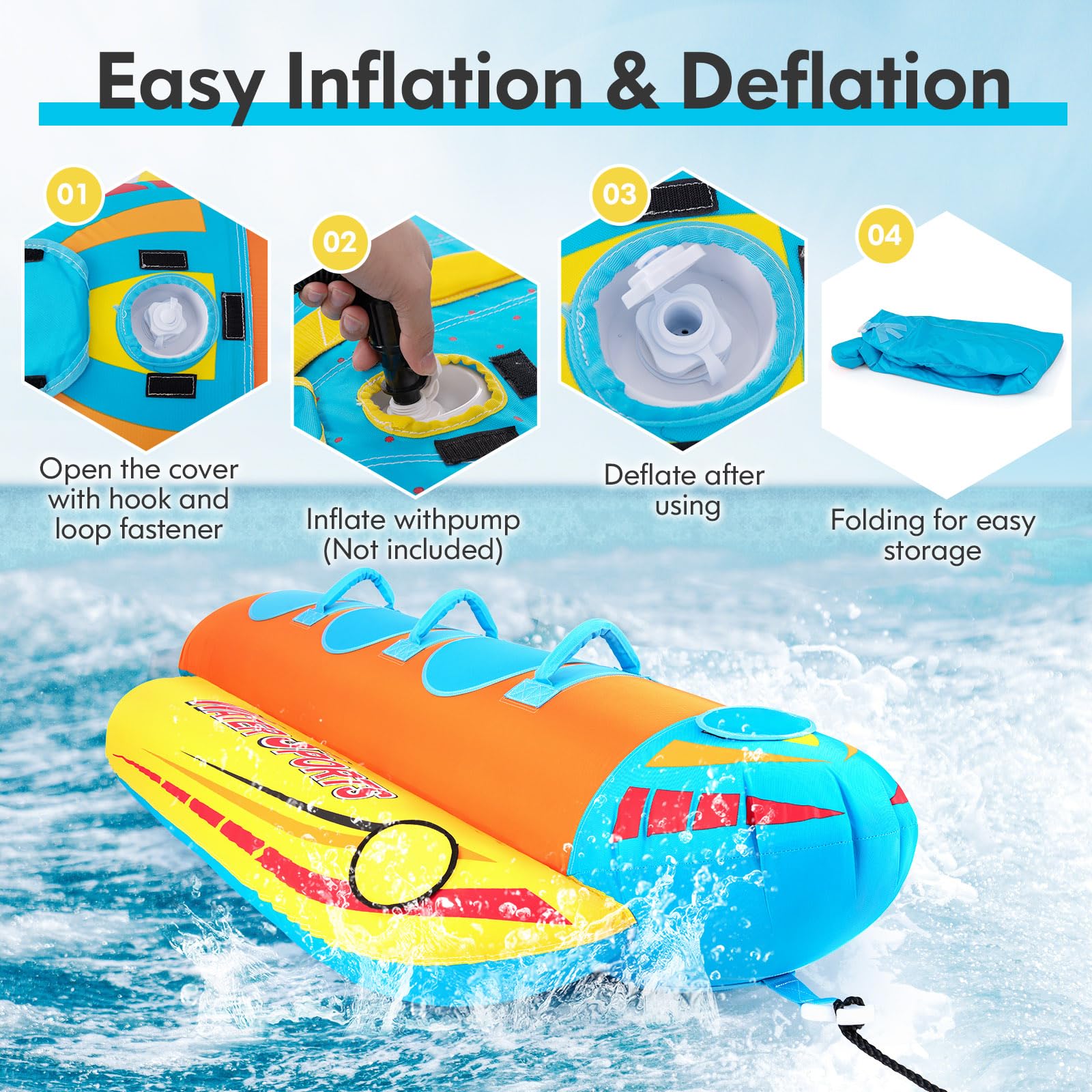 Inflatable Towable Tubes for Boating, Water Sports Banana Boat with 3 EVA-padded Seats for Towing Rider