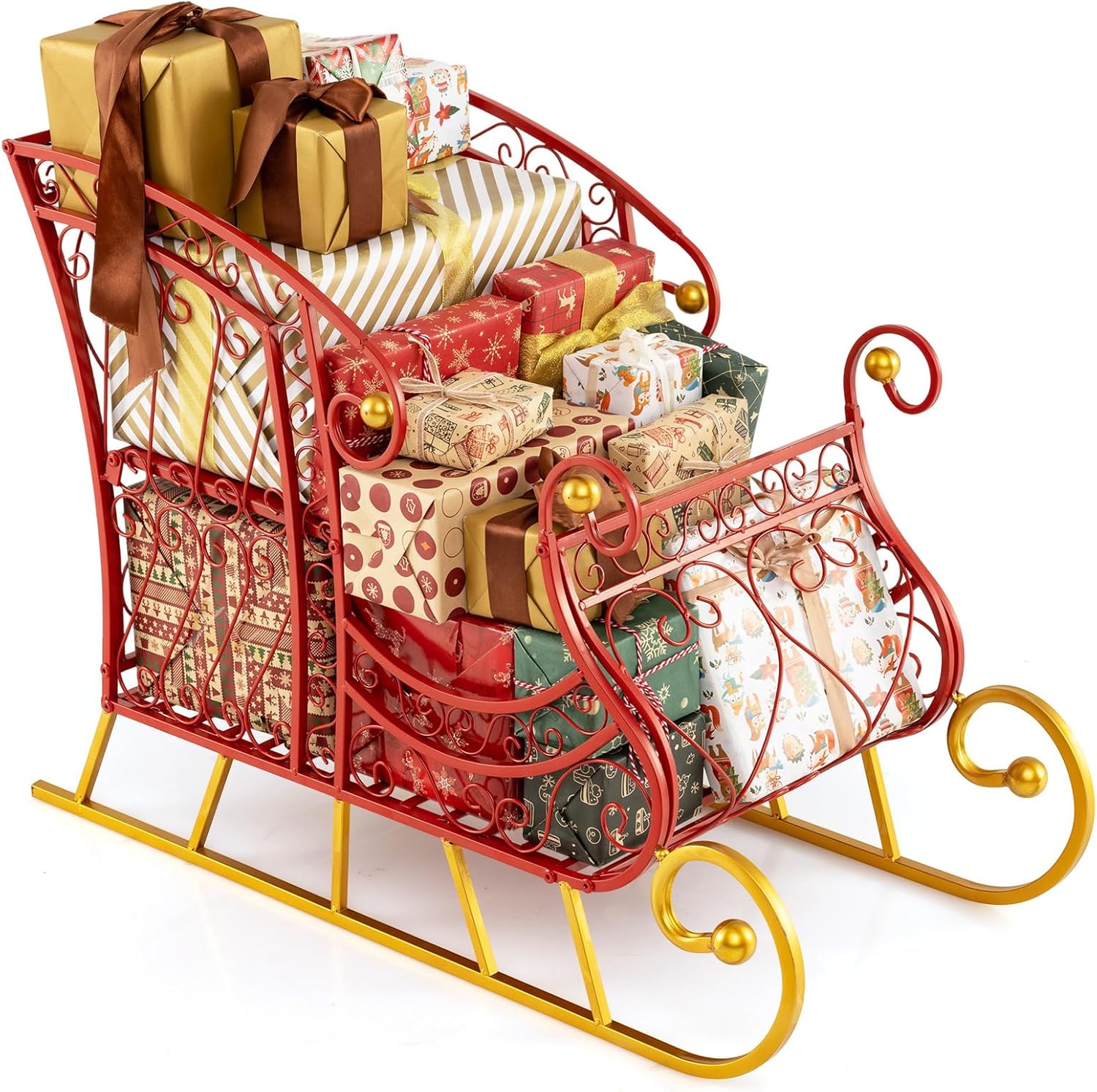 2025 Tangkula Metal Christmas Santa Sleigh Basket, Xmas Festival Holiday Decorative Santas Sleigh with 2-Tier Storage Shelf, Indoor Outdoor Christmas Decoration