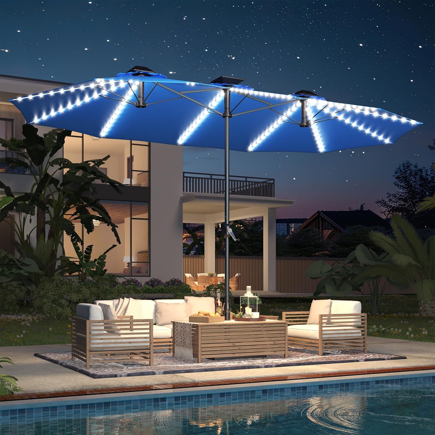15ft Patio Umbrella with Solar Lights, Large Double Umbrella Outdoor, Rectangle 180''x106'' Umbrellas with 156 PCS LED Lights and Crank Handle for Backyard Deck Pool Shade in Black(1.9
