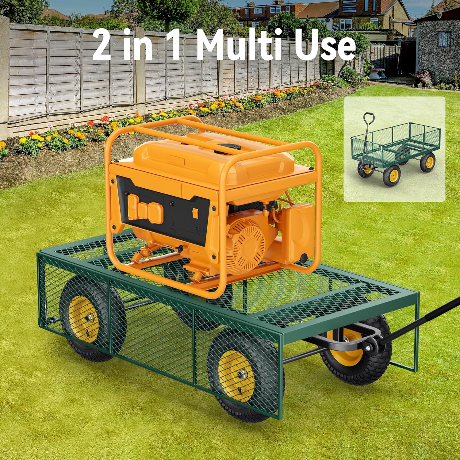 2025 Steel Garden Cart, 2-in-1 1400 lbs Heavy Duty Utility Wagon, with Removable Mesh Sides to Convert into Flatbed, 240° U-Turn 13" Pneumatic Tires Garden Wagon for Farm Yard Lawn Garden Camping
