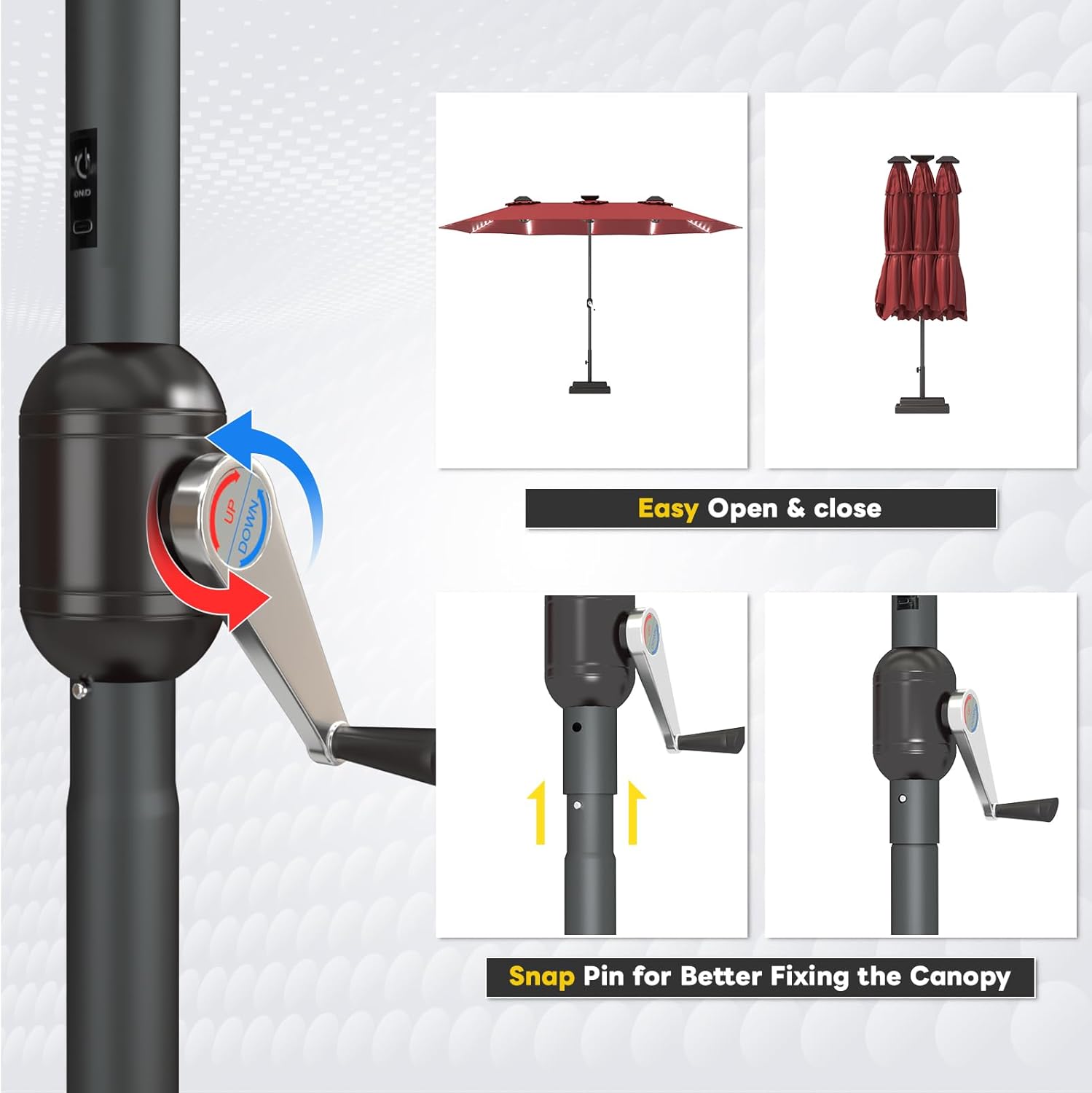 15ft Patio Umbrella with Solar Lights, Large Double Umbrella Outdoor, Rectangle 180''x106'' Umbrellas with 156 PCS LED Lights and Crank Handle for Backyard Deck Pool Shade in Black(1.9