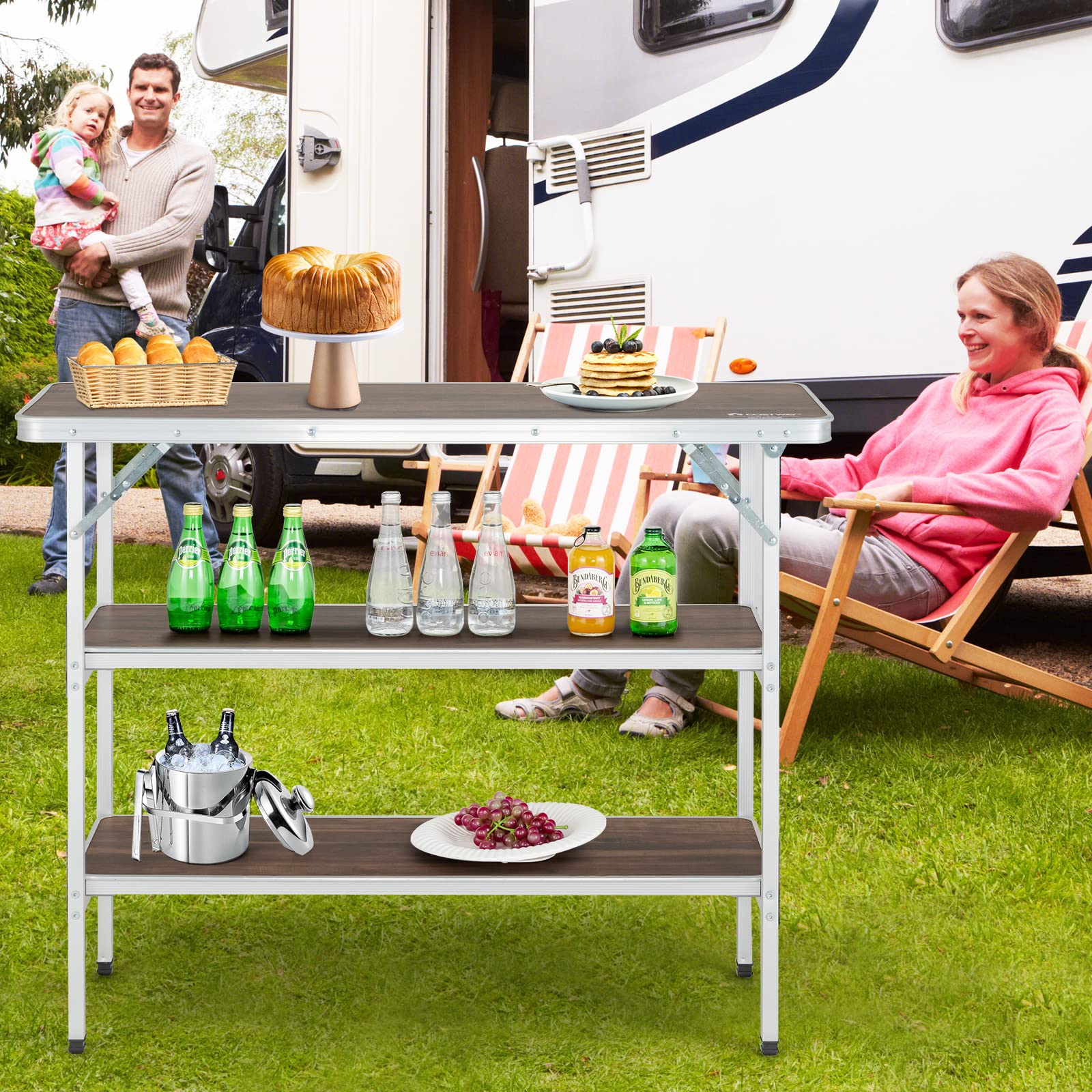 2025 Goplus Folding Camping Table, Aluminum Portable Pop-Up Bar Table with 2-Tier Storage Shelves