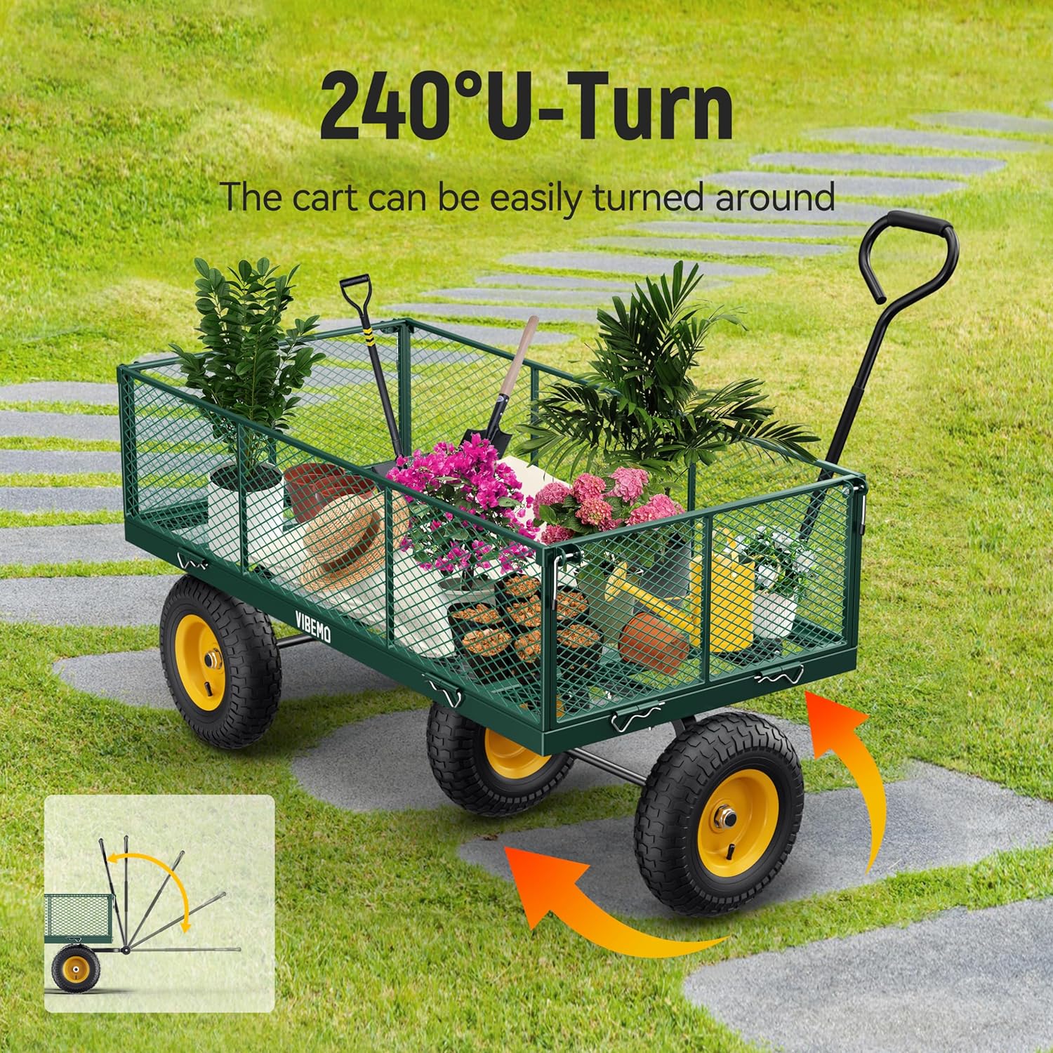 2025 Steel Garden Cart, 2-in-1 1400 lbs Heavy Duty Utility Wagon, with Removable Mesh Sides to Convert into Flatbed, 240° U-Turn 13" Pneumatic Tires Garden Wagon for Farm Yard Lawn Garden Camping