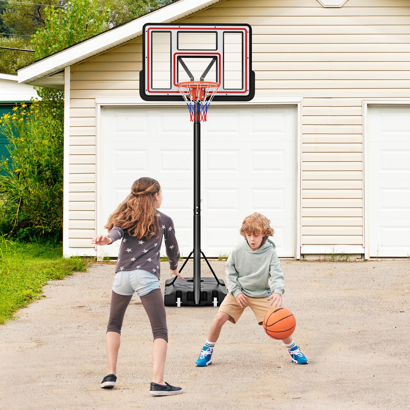 Basketball Hoop Outdoor, 7.4-10FT Quickly Height Adjustable Basketball Goal with 44 Inch Shatterproof PC Backboard