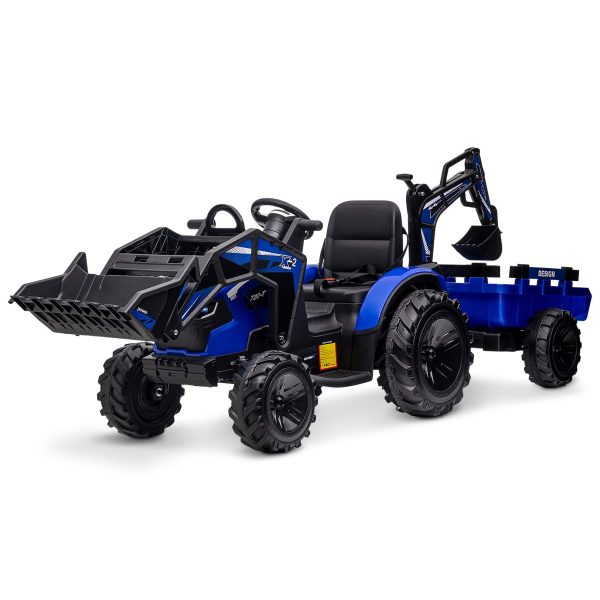 3-in-1 Ride-On Tractor, 24V Electric, Excavator & Bulldozer, Remote Control, LED, Music, USB/Bluetooth max 66 lbs – Bright-blue