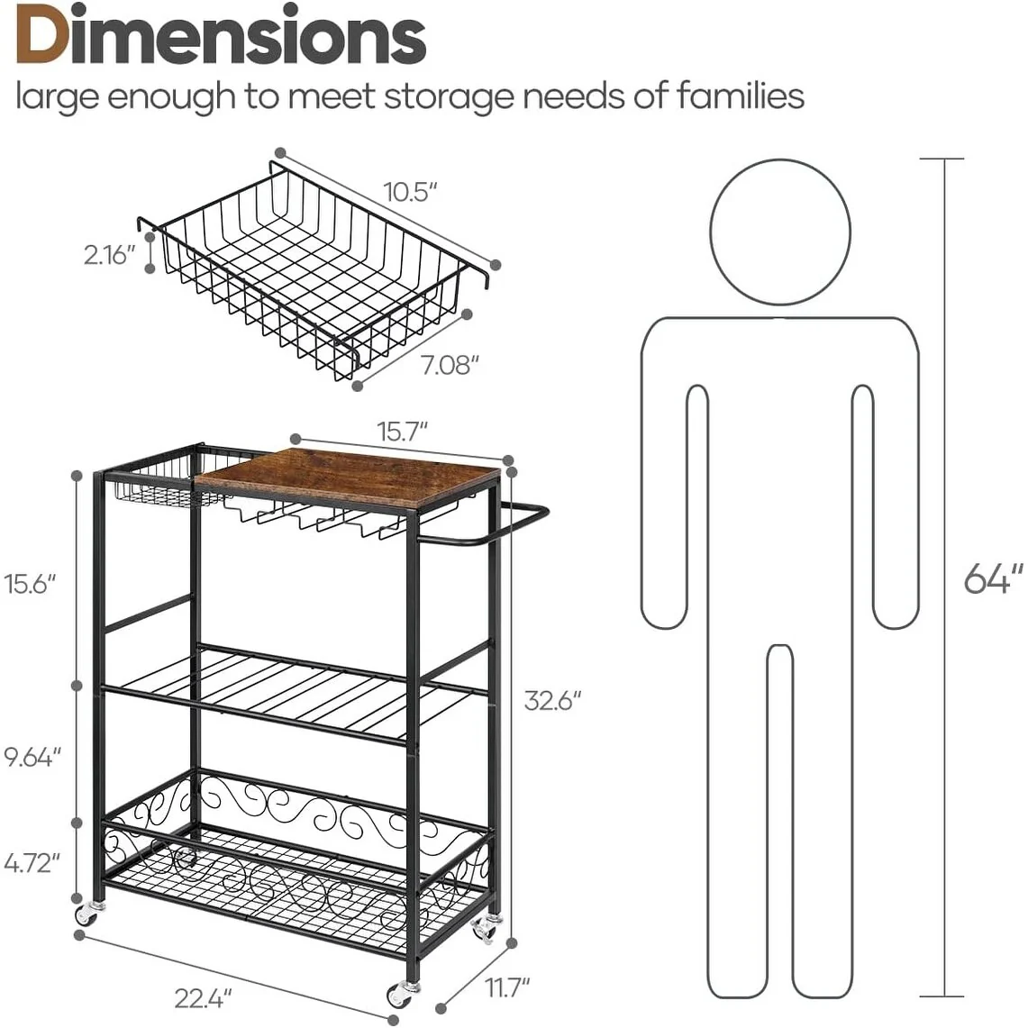 3 Tier Mobile Bar Serving Cart, Rolling Wine Cart with Glass Stemware Rack and Wine Bottle Holders