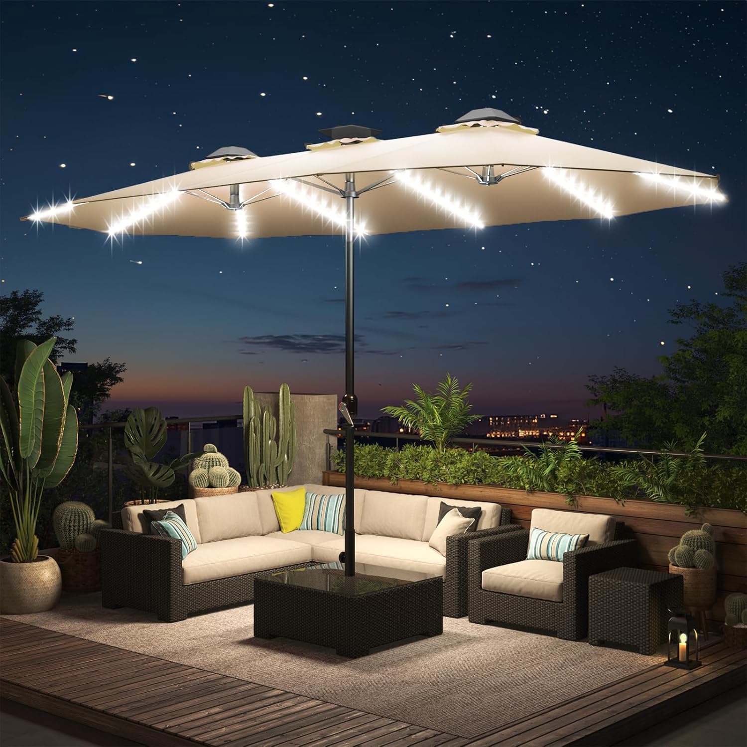 15ft Patio Umbrella with Solar Lights, Large Double Umbrella Outdoor, Rectangle 180''x106'' Umbrellas with 156 PCS LED Lights and Crank Handle for Backyard Deck Pool Shade in Black(1.9