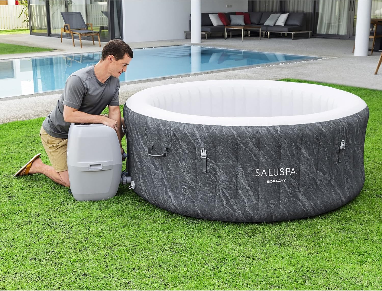 Large Round 2 to 4 Person Inflatable Hot Tub Portable Outdoor Spa with 120 AirJets and EnergySense Cover, Grey