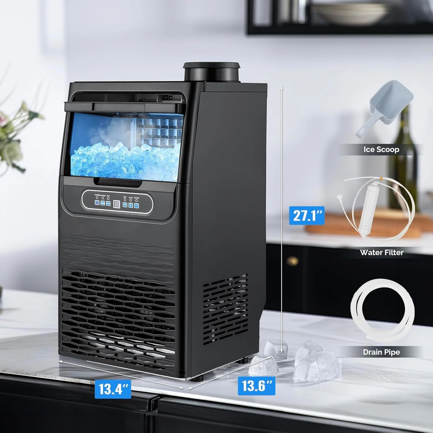 VINGLI Commercial Ice Maker Machine,90lbs/24H Plastic Under Counter Ice Maker with 11lbs Storage,Dual Water Supply Options,Self-Cleaning,Timing Function,for Home Bar Cafe Restaurant Kitchen