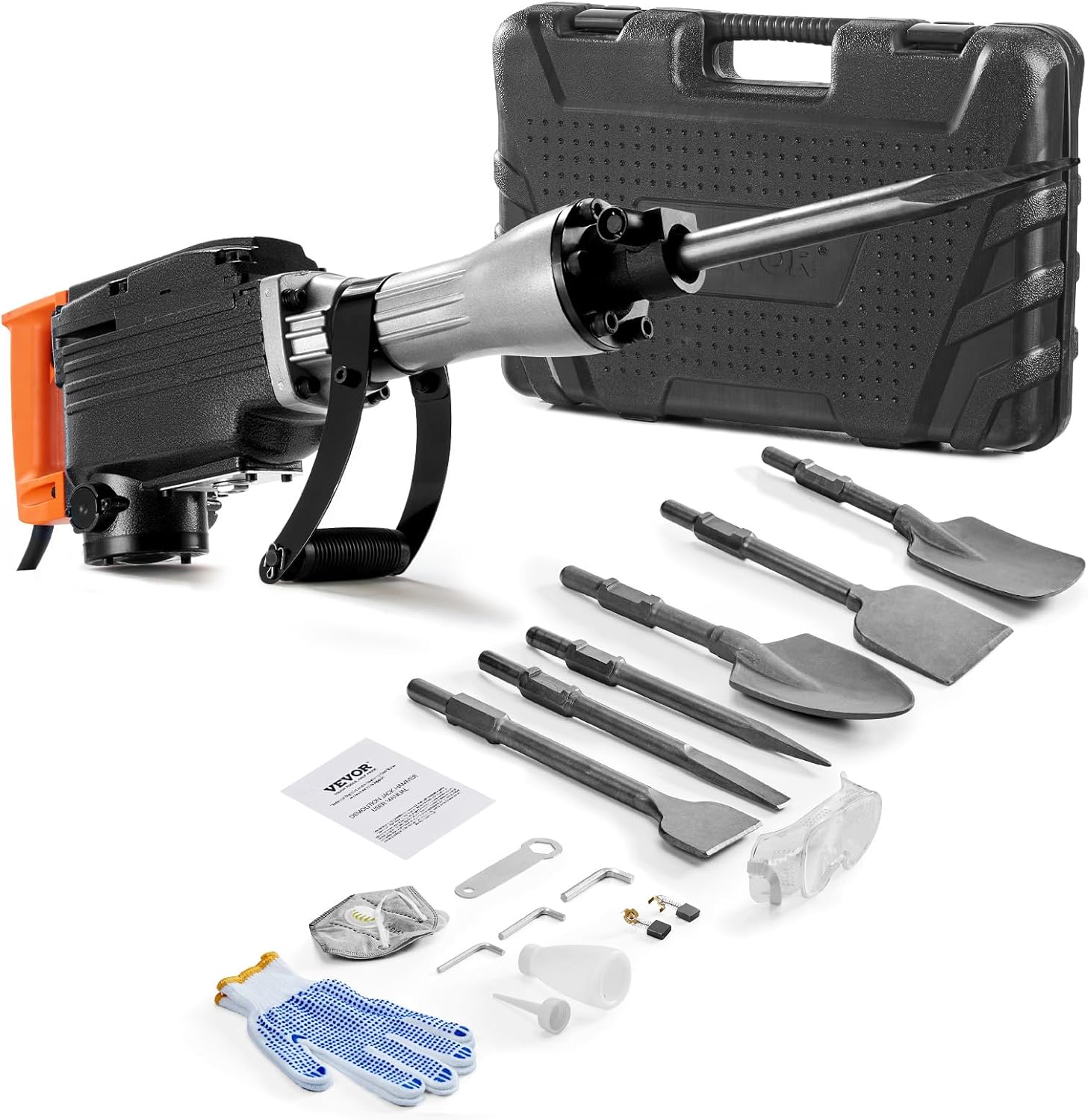 Demolition Jack Hammer, 1350 BPM Concrete Breaker 6pcs Chisels Bit Chipping with Case, 2200W Electric Jackhammer Heavy Duty, Black