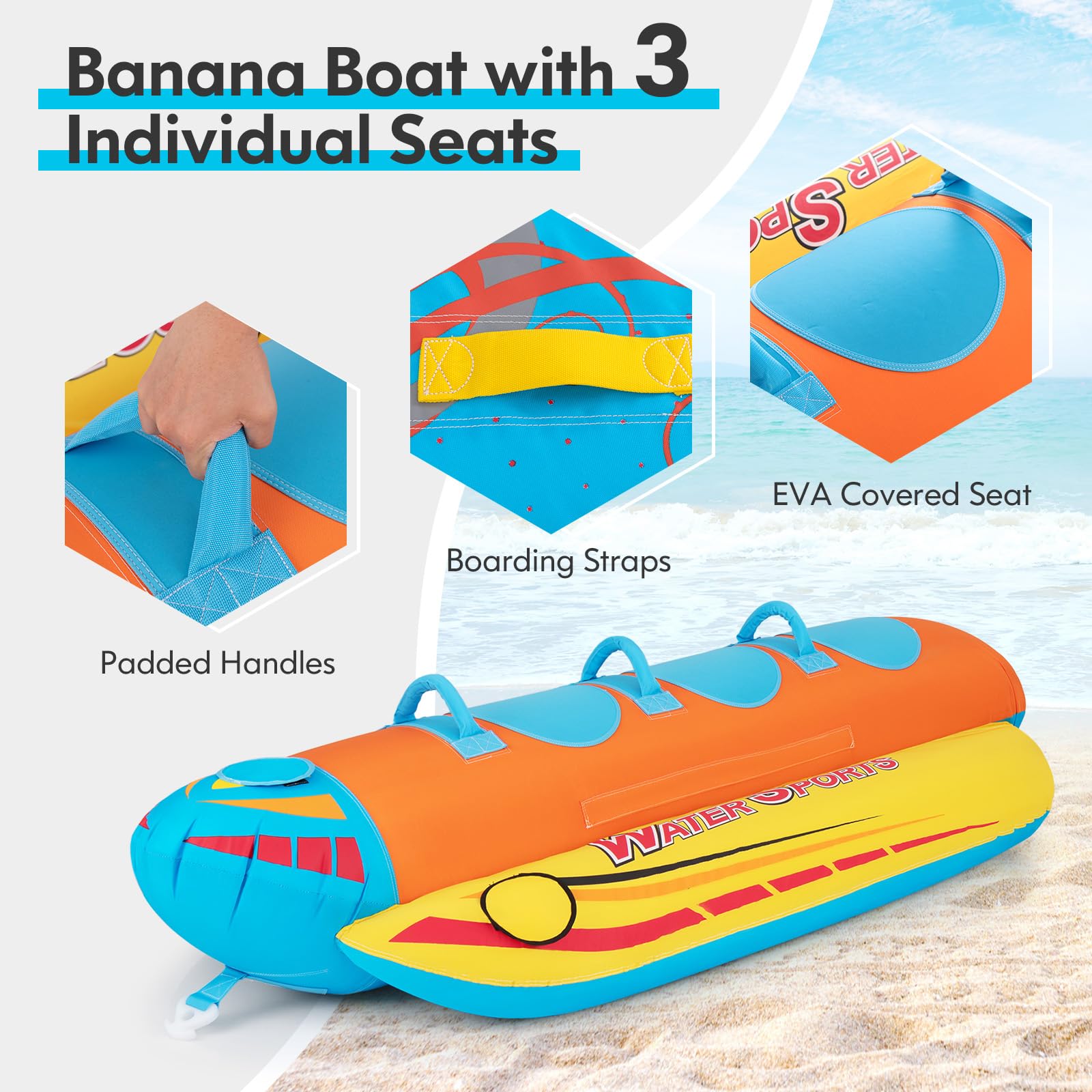 Inflatable Towable Tubes for Boating, Water Sports Banana Boat with 3 EVA-padded Seats for Towing Rider
