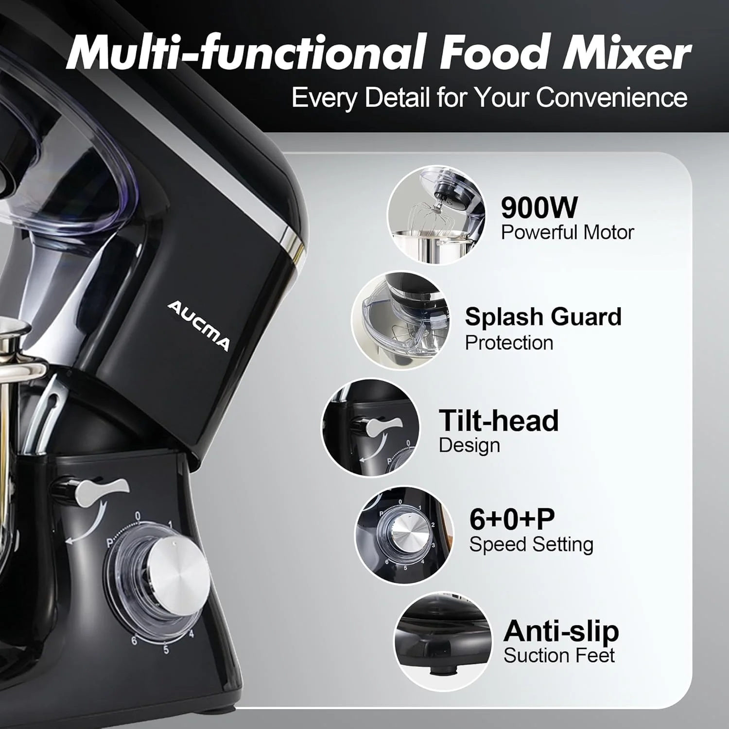 Aucma Stand Mixer,6.5-QT 660W 6-Speed Tilt-Head Food Mixer, Kitchen Electric Mixer with Dough Hook