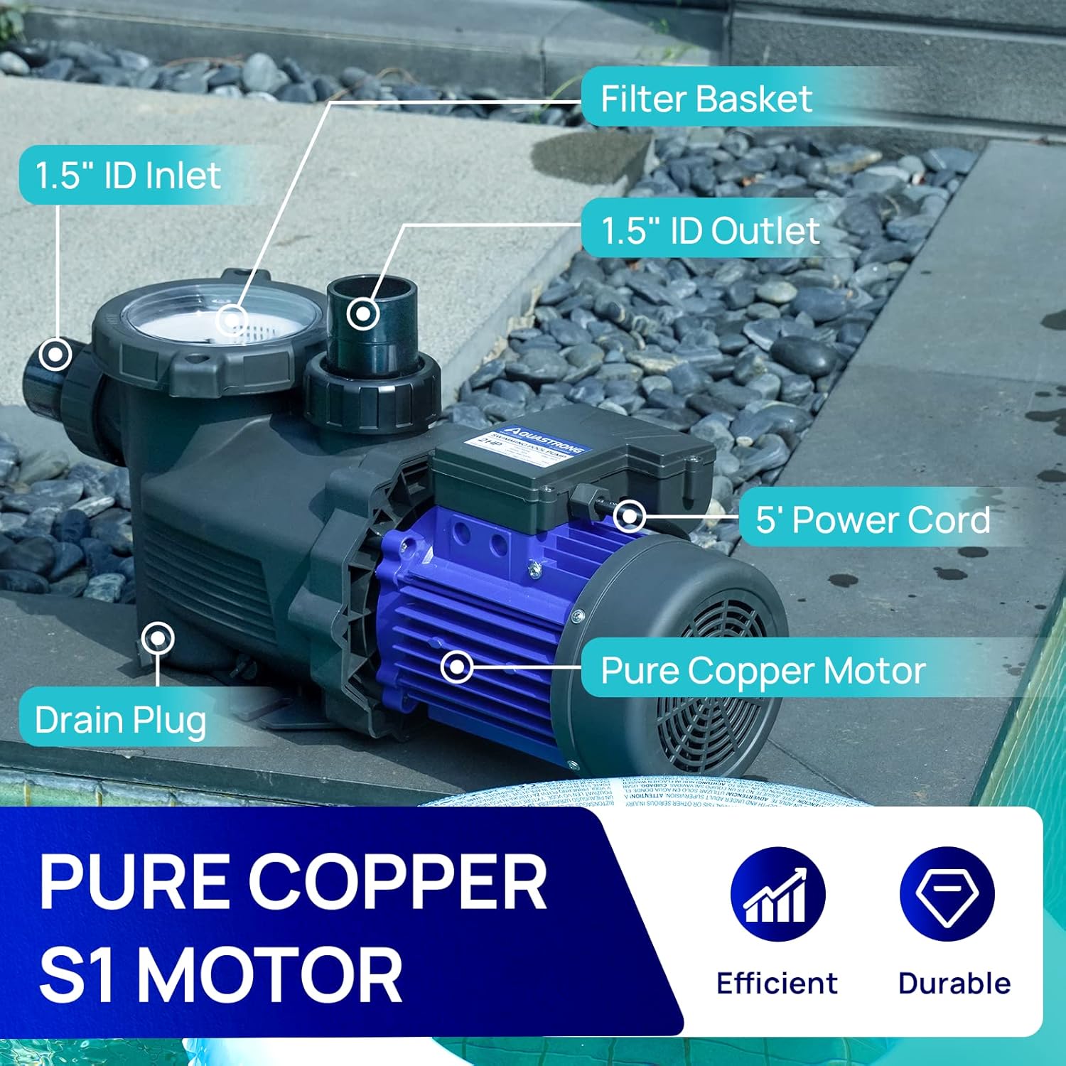 AQUASTRONG In/Above Ground Pool Pump, High Flow (with Timer, 2HP, 8917 GPH, 220V)