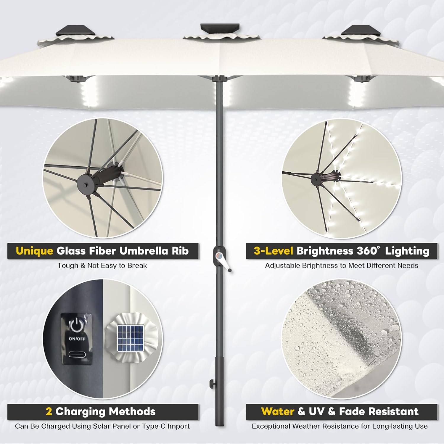 15ft Patio Umbrella with Solar Lights, Large Double Umbrella Outdoor, Rectangle 180''x106'' Umbrellas with 156 PCS LED Lights and Crank Handle for Backyard Deck Pool Shade in Black(1.9