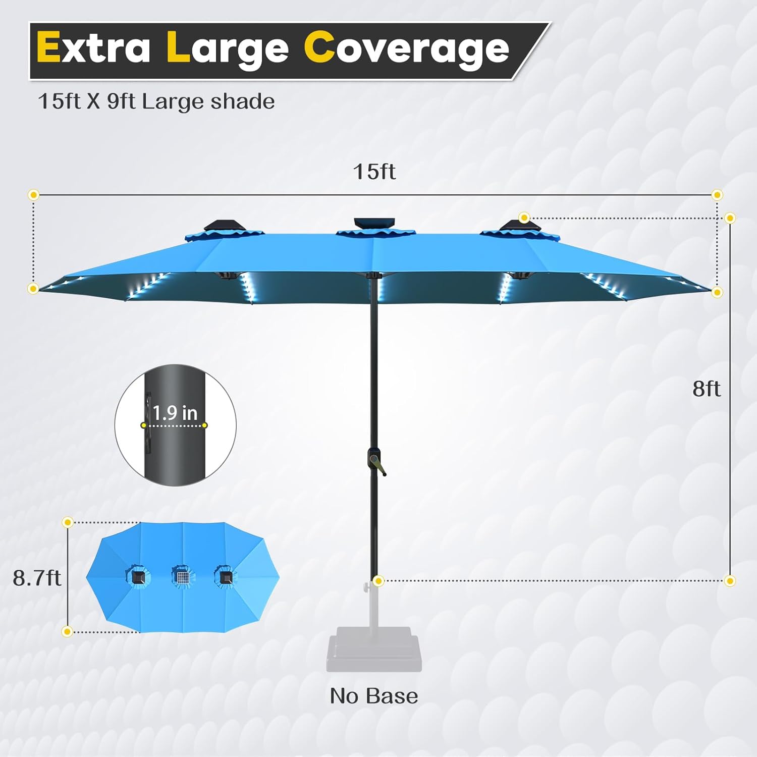 15ft Patio Umbrella with Solar Lights, Large Double Umbrella Outdoor, Rectangle 180''x106'' Umbrellas with 156 PCS LED Lights and Crank Handle for Backyard Deck Pool Shade in Black(1.9