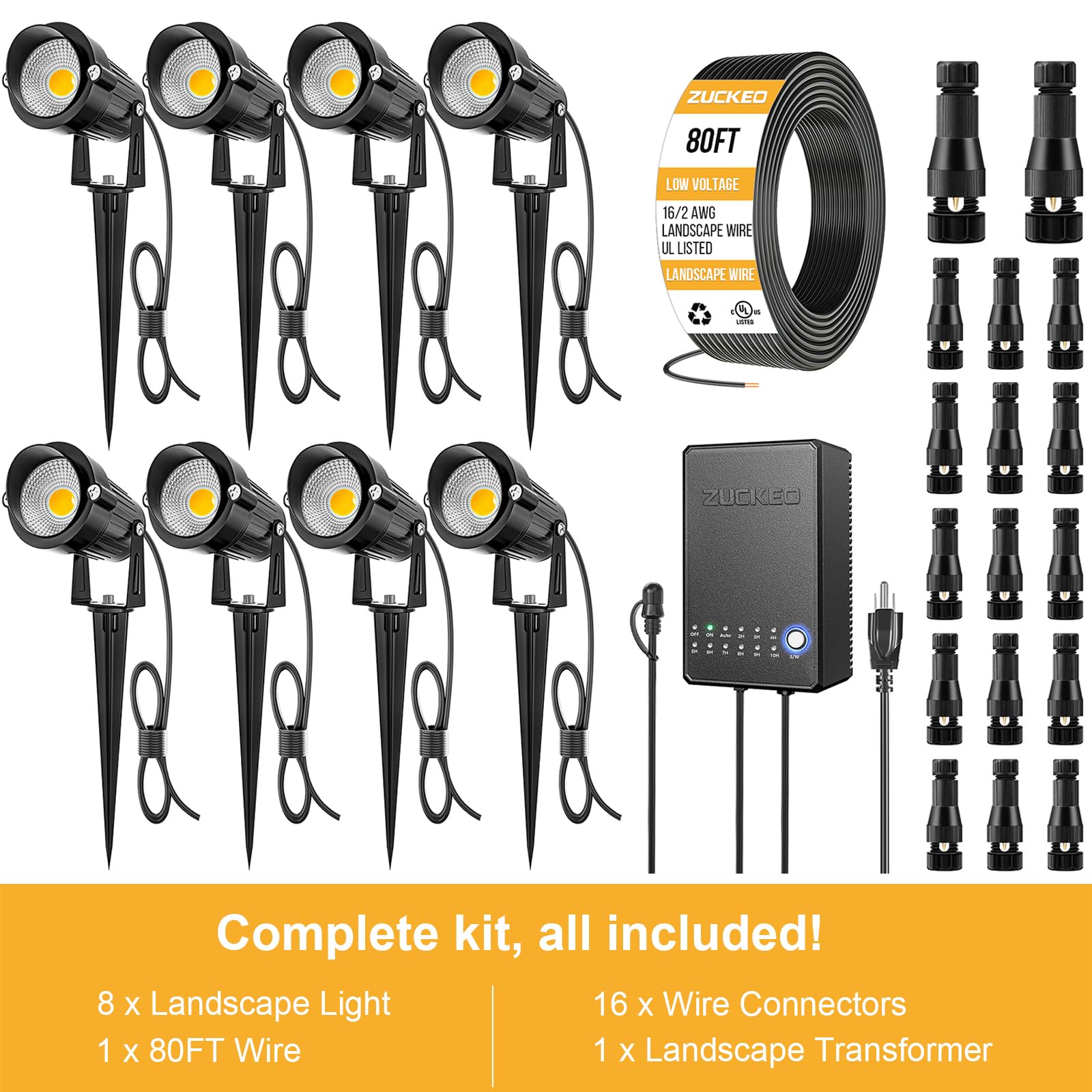 ZUCKEO All-in-One 5W LED Landscape Lighting Kit, 3000K 12-24V 8Pack