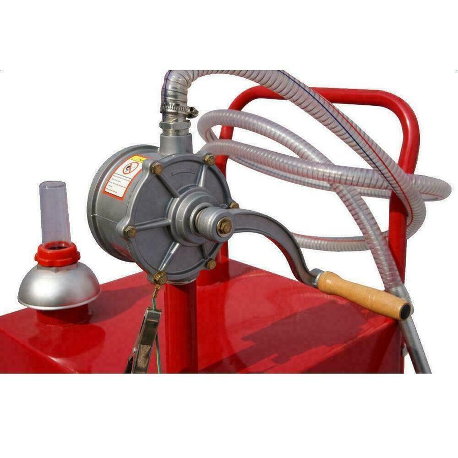 30 Gallon Red Gas Caddy Tank Gasoline Fluid Diesel w Rotary Pump and Hose
